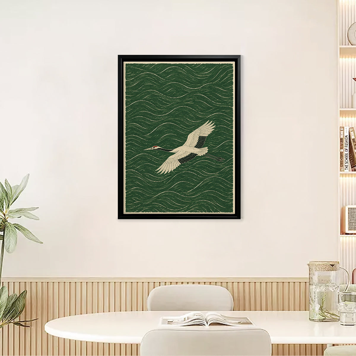 Framed Crane Art Print with Wave Pattern, Vintage Style, High-Quality Paper, Perfect Home Decor for Any Room