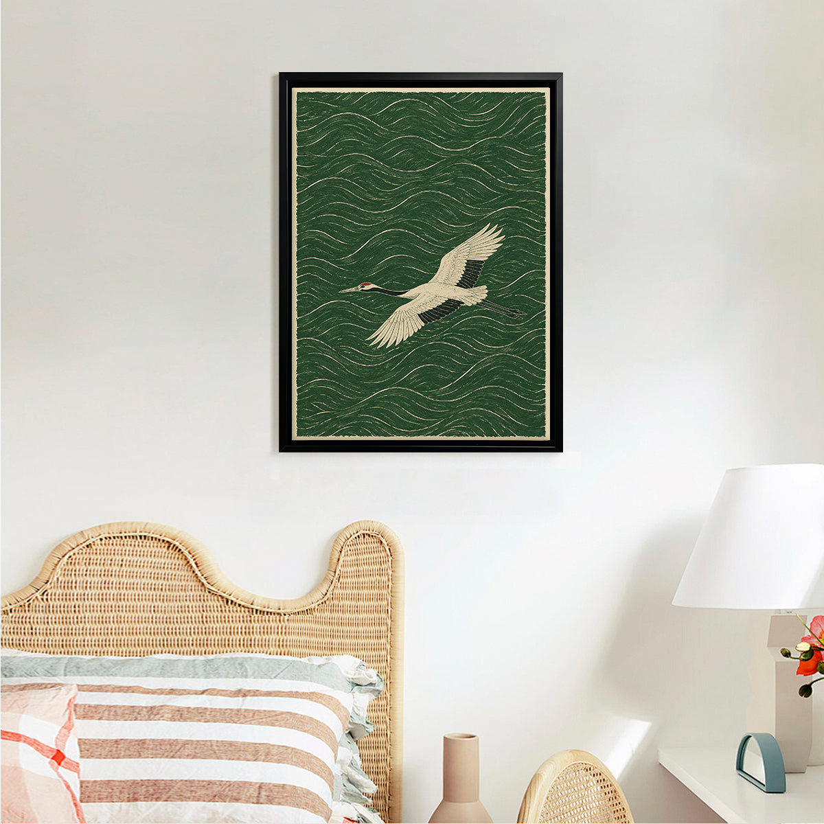 Framed Crane Art Print with Wave Pattern, Vintage Style, High-Quality Paper, Perfect Home Decor for Any Room