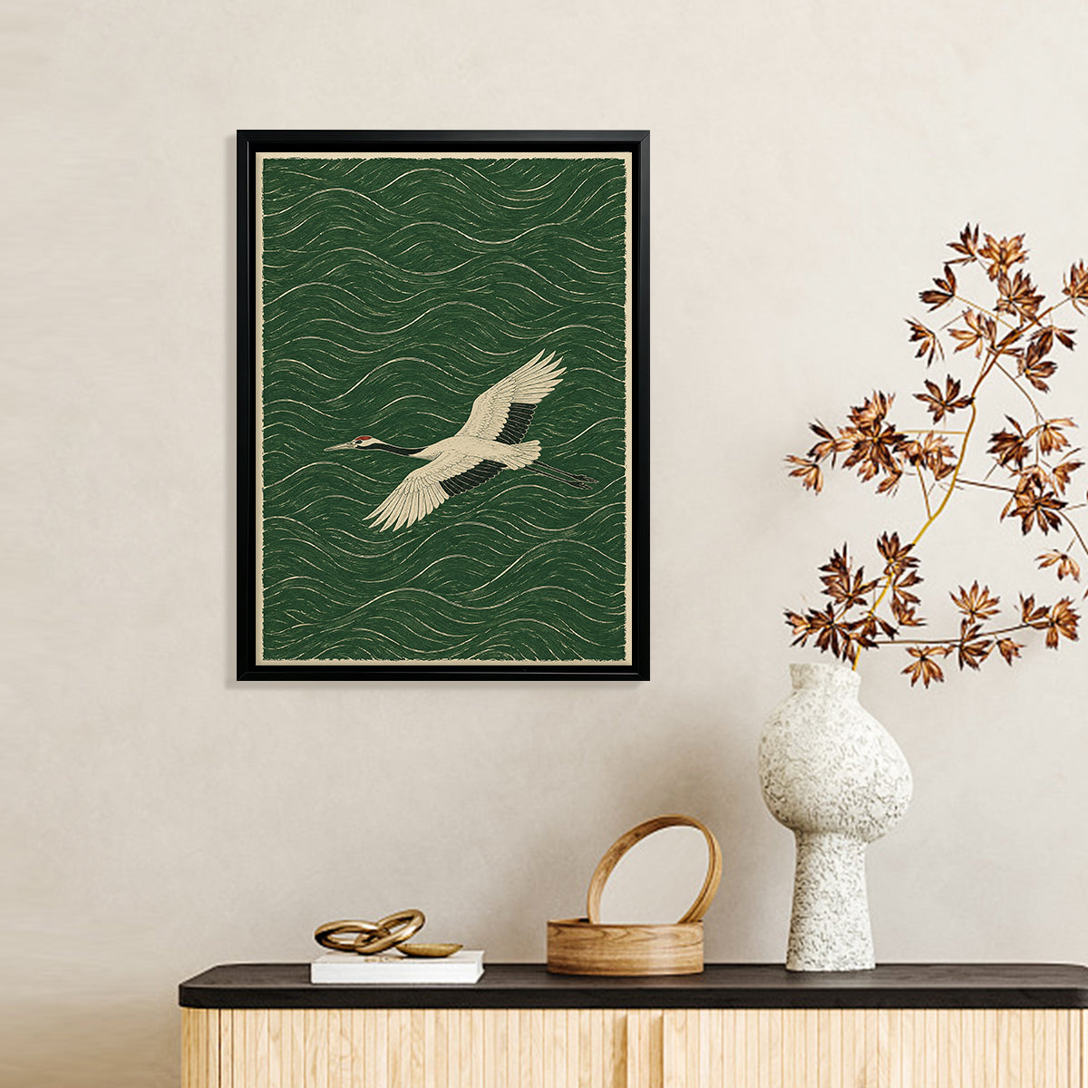Framed Crane Art Print with Wave Pattern, Vintage Style, High-Quality Paper, Perfect Home Decor for Any Room