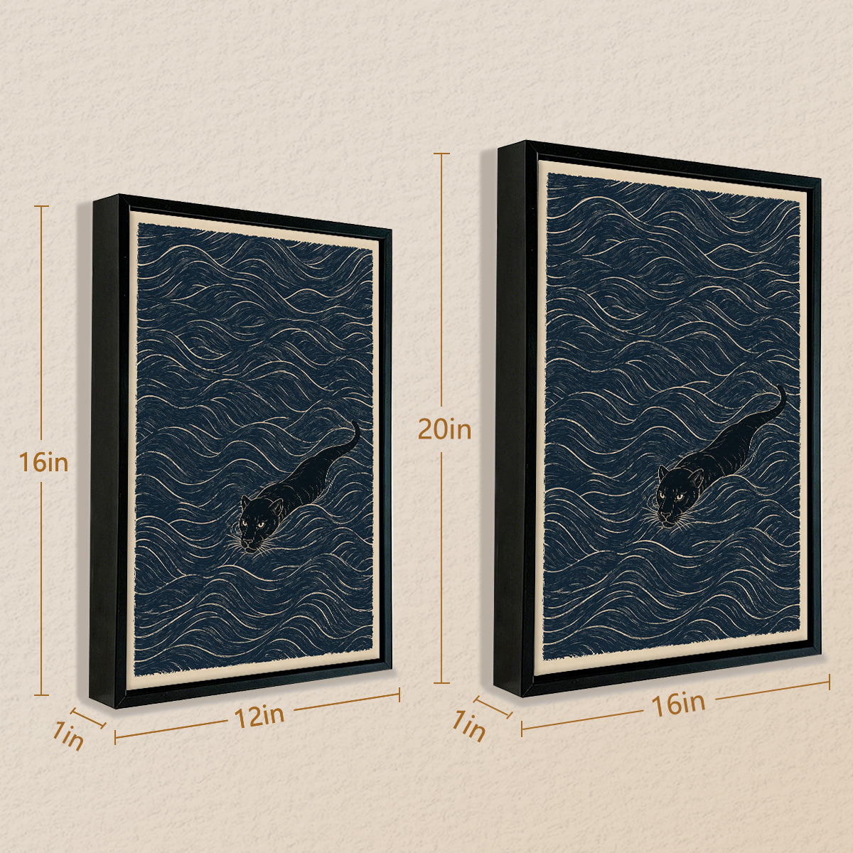 Framed Art Print of a Swimming Black Panther in Ocean Waves, Modern Home Decor, High-Quality Matte Finish