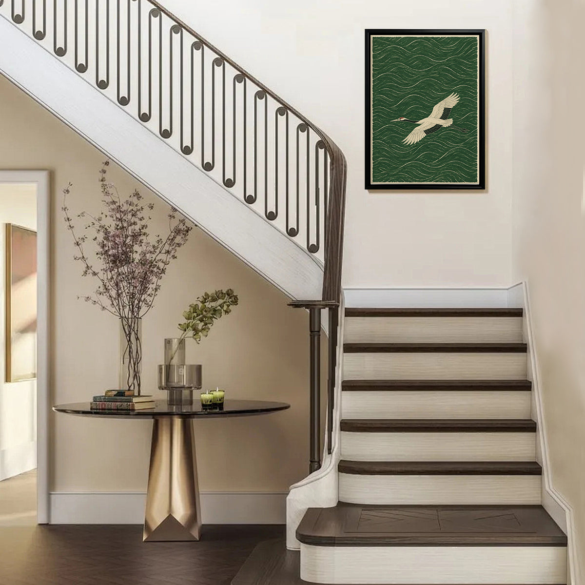 Framed Crane Art Print with Wave Pattern, Vintage Style, High-Quality Paper, Perfect Home Decor for Any Room