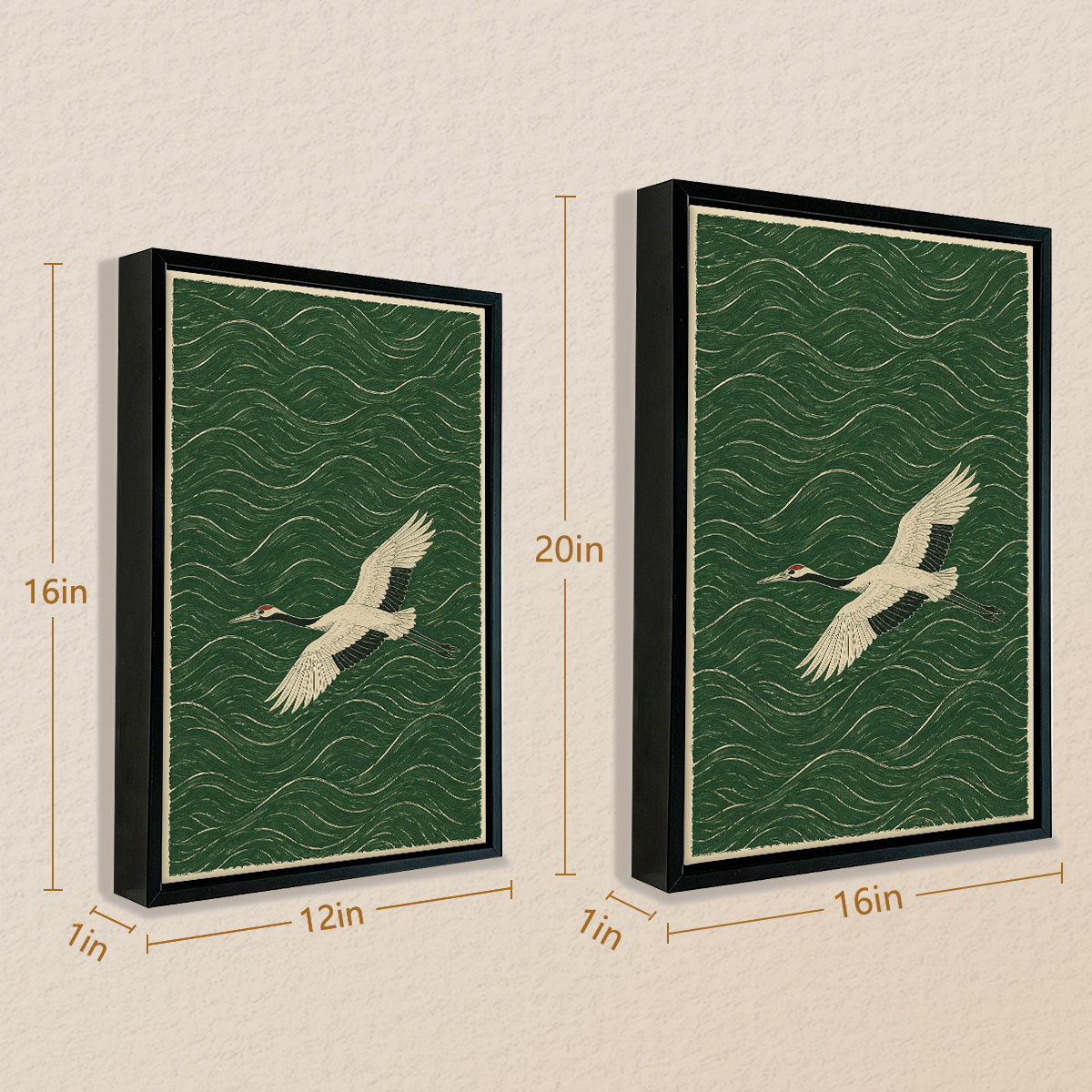Framed Crane Art Print with Wave Pattern, Vintage Style, High-Quality Paper, Perfect Home Decor for Any Room