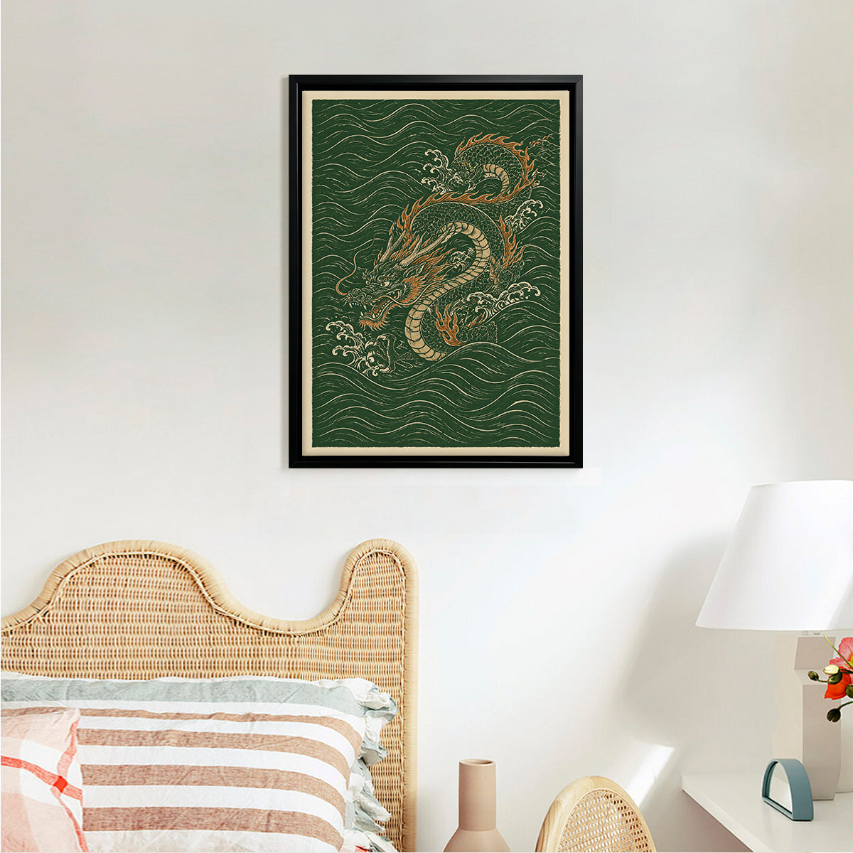 Framed Oriental Dragon Art Print, Vintage Style, High-Quality Giclee on Canvas, Perfect for Home Decor in New York