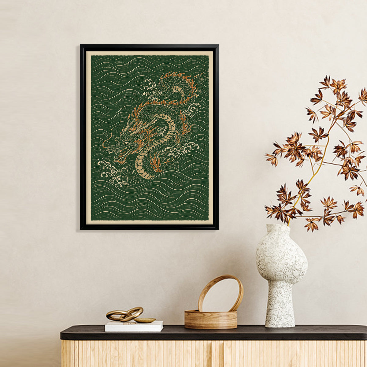 Framed Oriental Dragon Art Print, Vintage Style, High-Quality Giclee on Canvas, Perfect for Home Decor in New York