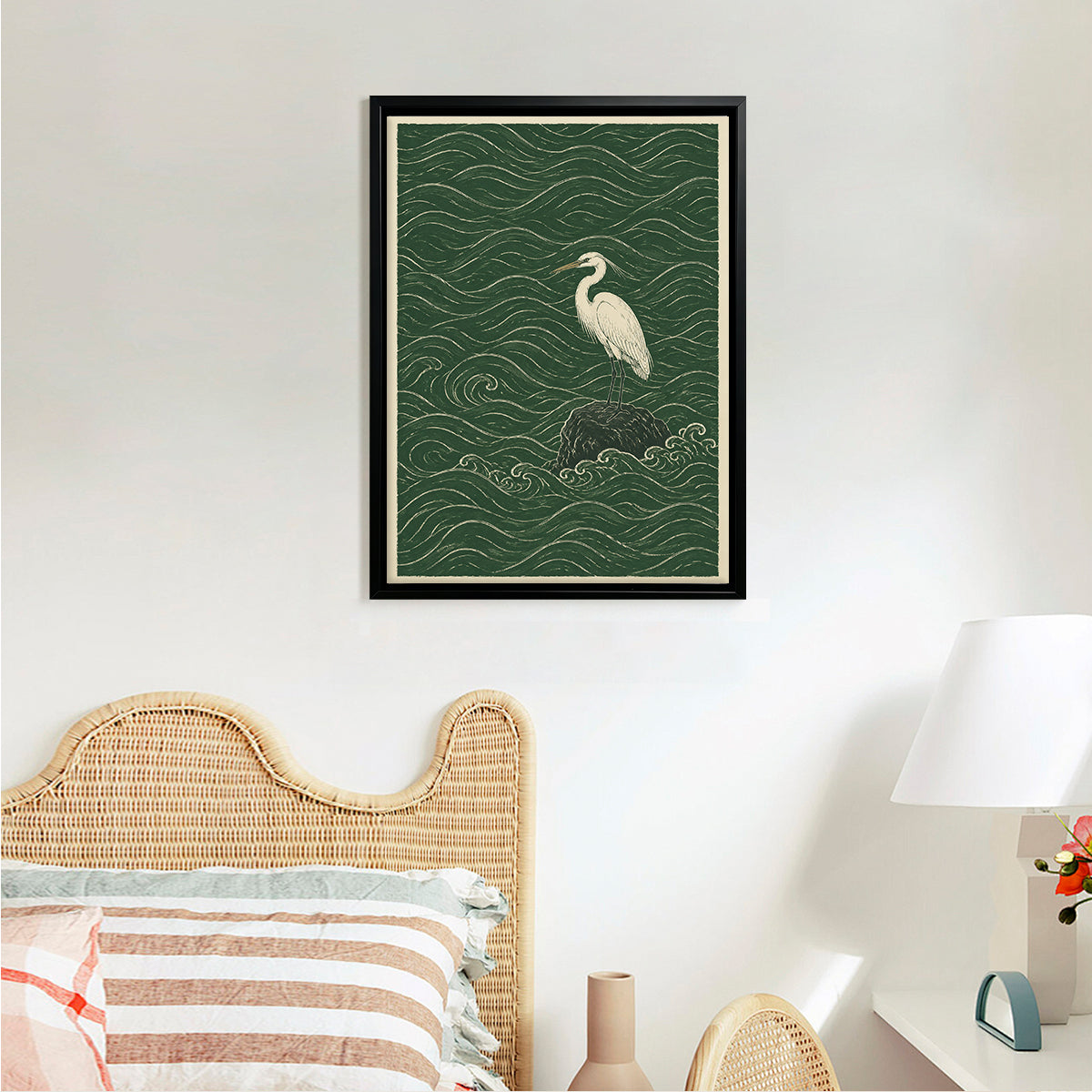 Framed Art Print of Heron on Rock Amidst Waves, Vintage Style, High-Quality Matte Finish, Perfect Home Decor for Living Room or Bedroom