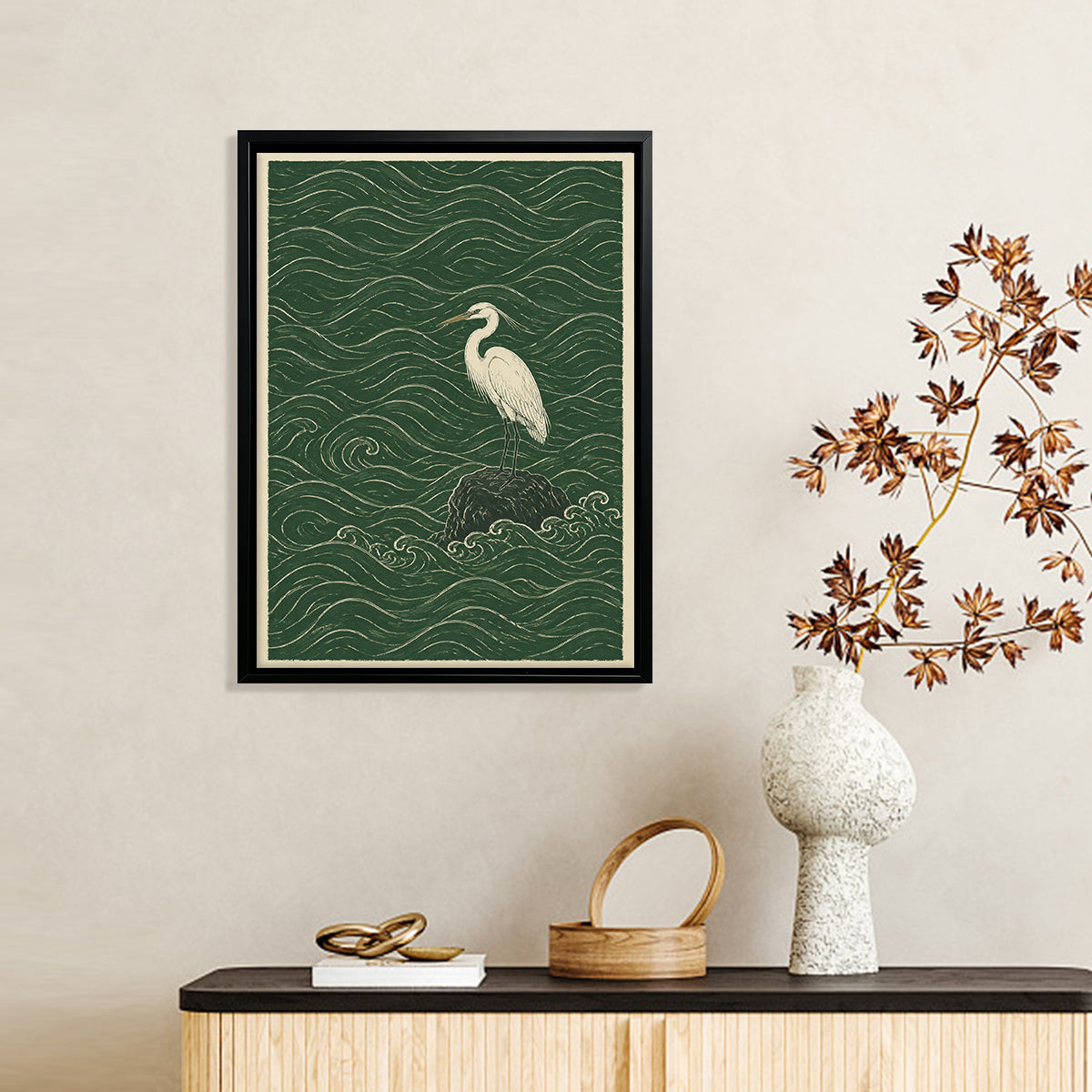 Framed Art Print of Heron on Rock Amidst Waves, Vintage Style, High-Quality Matte Finish, Perfect Home Decor for Living Room or Bedroom