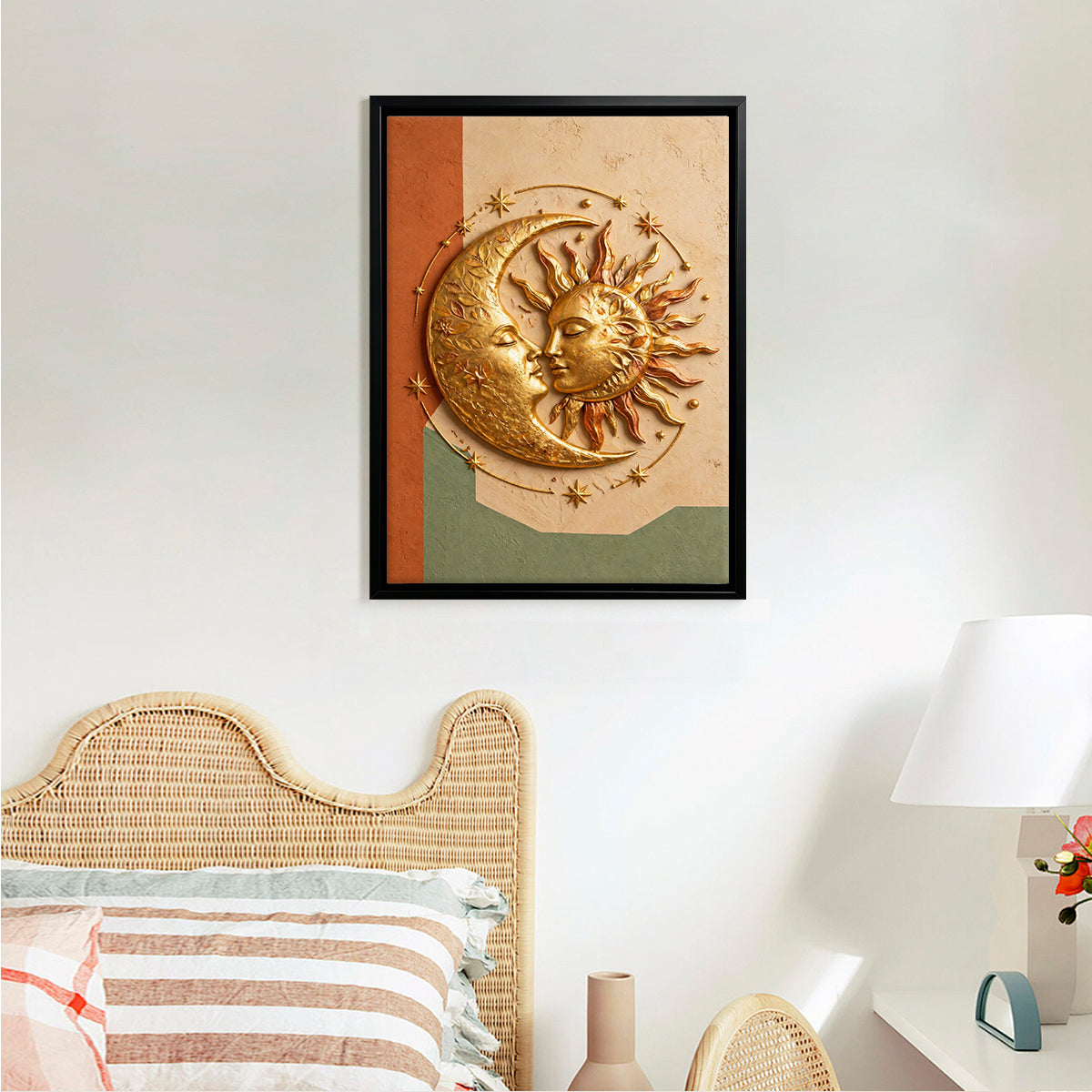 Framed Sun and Moon Wall Art, Vintage Style, Gold Finish, Perfect for Home Decor in Any Room