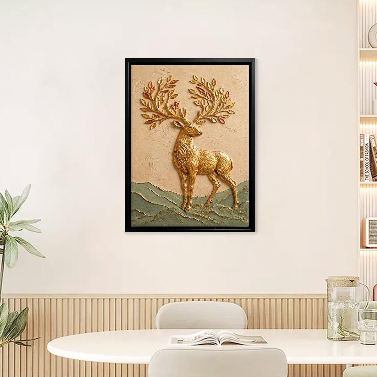 Golden Deer Wall Art Sculpture, 3D Relief, Handcrafted Home Decor for Living Room or Staircase