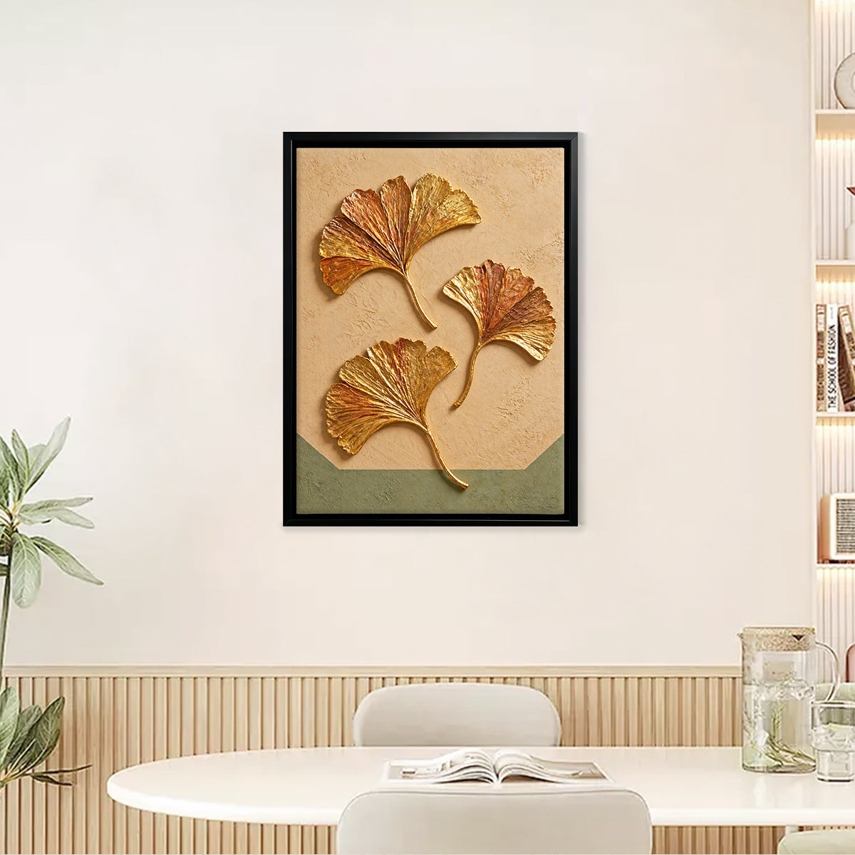 Framed Ginkgo Leaf Art Print, Modern Decorative Wall Hanging, Gold Accents, Perfect for Home or Office in California