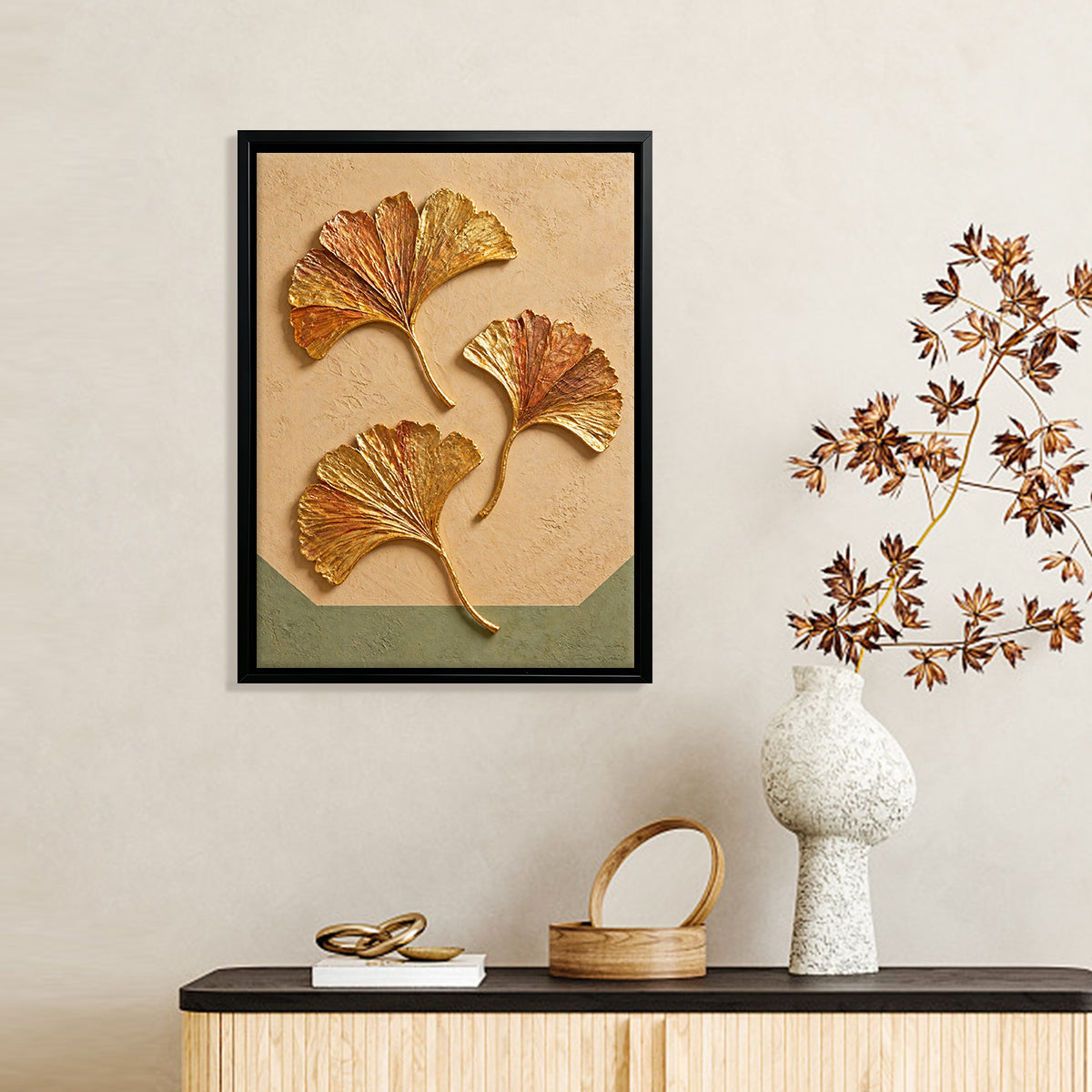 Framed Ginkgo Leaf Art Print, Modern Decorative Wall Hanging, Gold Accents, Perfect for Home or Office in California