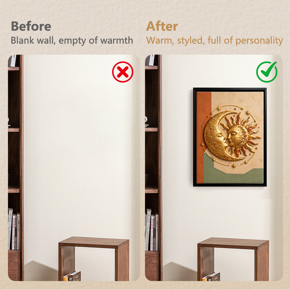 Framed Sun and Moon Wall Art, Vintage Style, Gold Finish, Perfect for Home Decor in Any Room