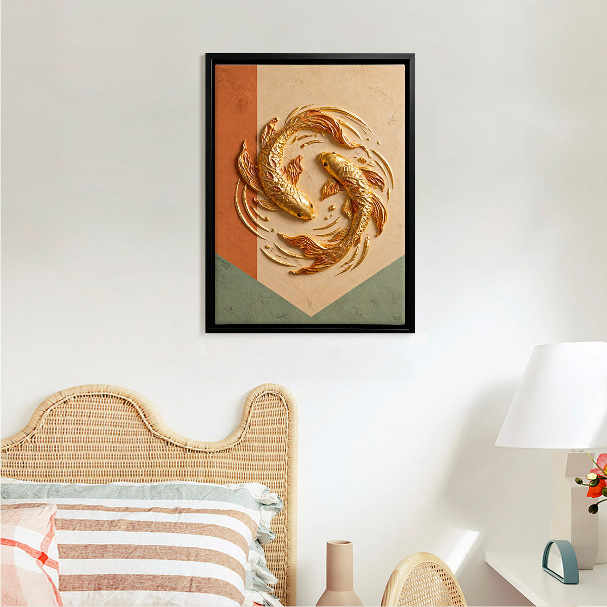 Framed Golden Koi Fish Artwork, Modern Asian-Inspired Design, High-Quality Craftsmanship, Perfect Home Decor for Living Room or Office