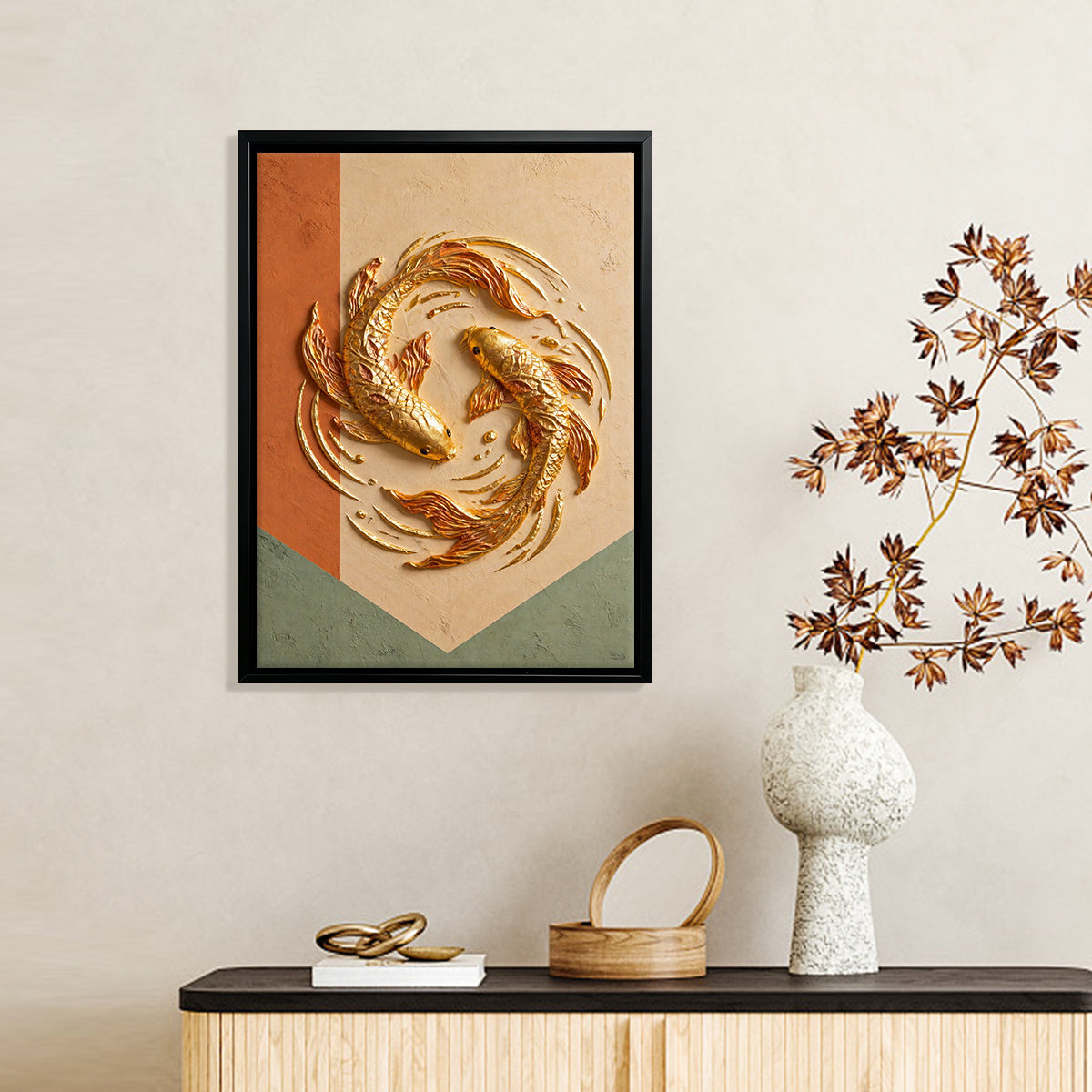 Framed Golden Koi Fish Artwork, Modern Asian-Inspired Design, High-Quality Craftsmanship, Perfect Home Decor for Living Room or Office