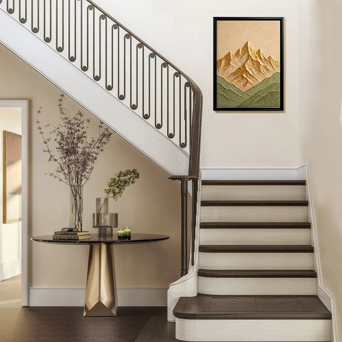 Framed Mountain Landscape Art Print, Modern Abstract Design, High-Quality Canvas, Perfect for Home Decor in California