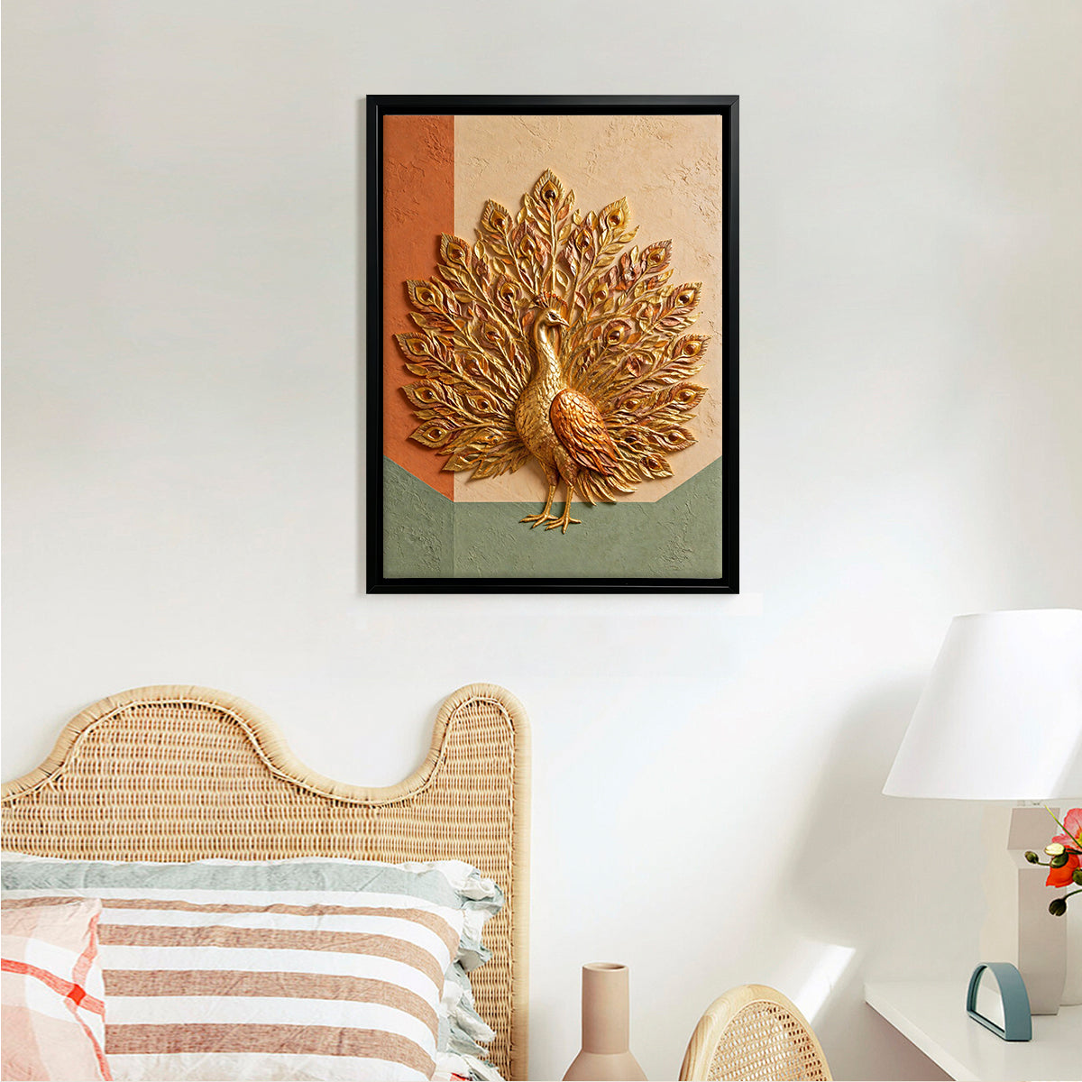Framed Golden Peacock Wall Art, Modern Embossed Design, Perfect for Living Room or Office Decoration