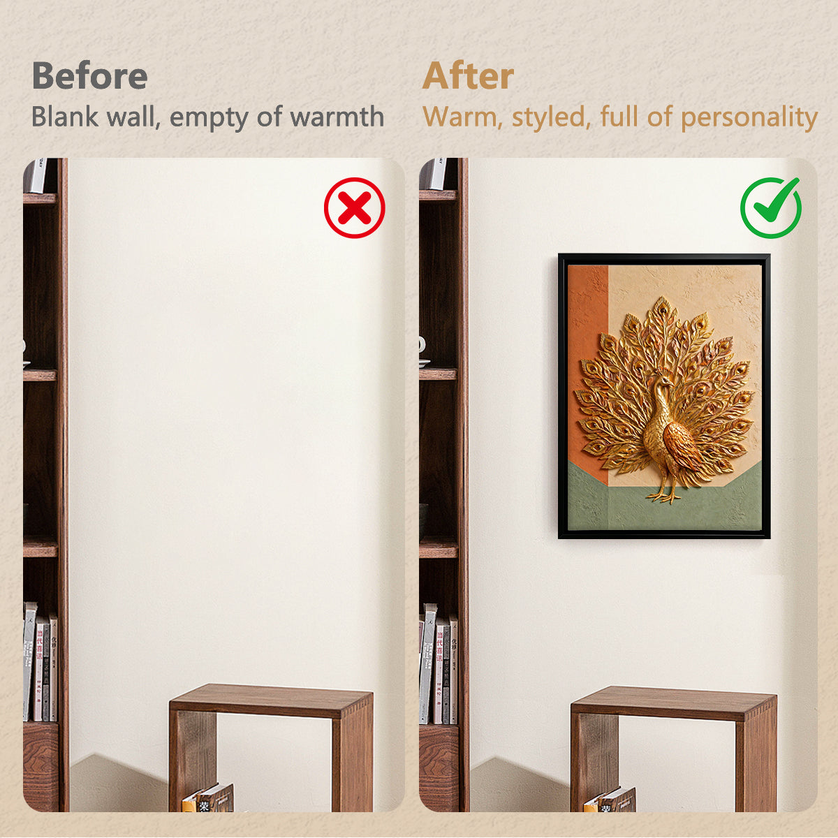 Framed Golden Peacock Wall Art, Modern Embossed Design, Perfect for Living Room or Office Decoration