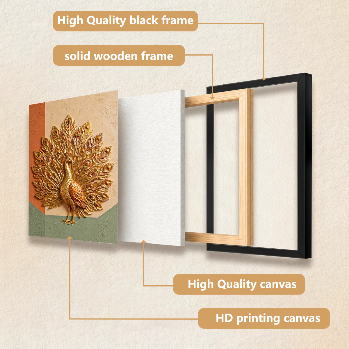Framed Golden Peacock Wall Art, Modern Embossed Design, Perfect for Living Room or Office Decoration