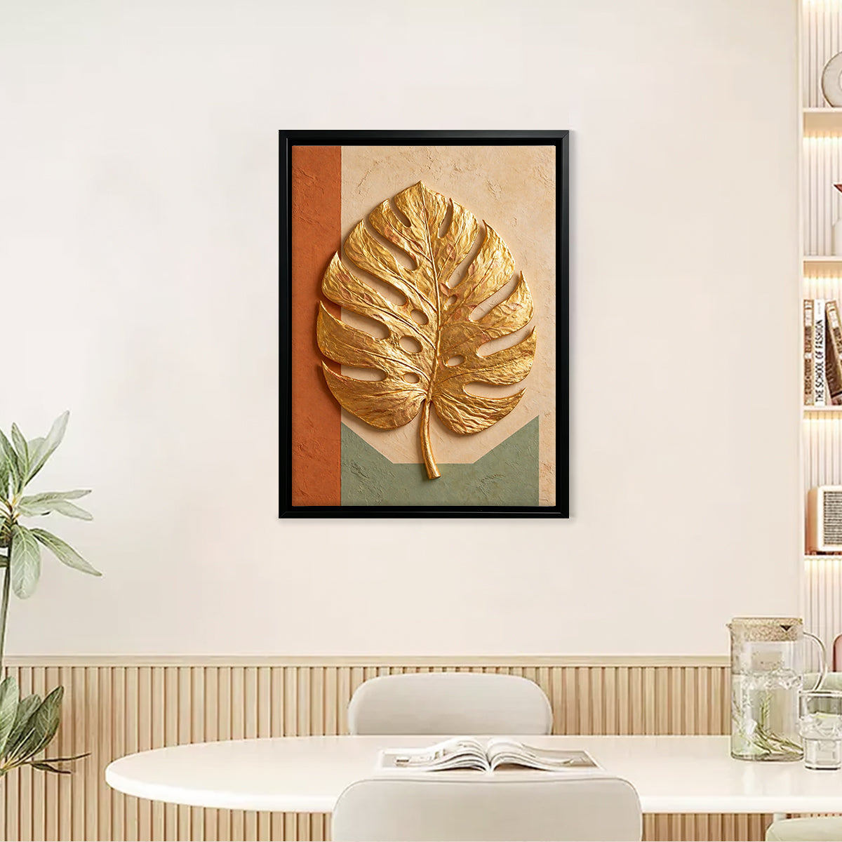 Framed Golden Monstera Leaf Art Print, Modern Tropical Design, High-Quality Matte Finish, Perfect Home Decor for Living Room or Bedroom