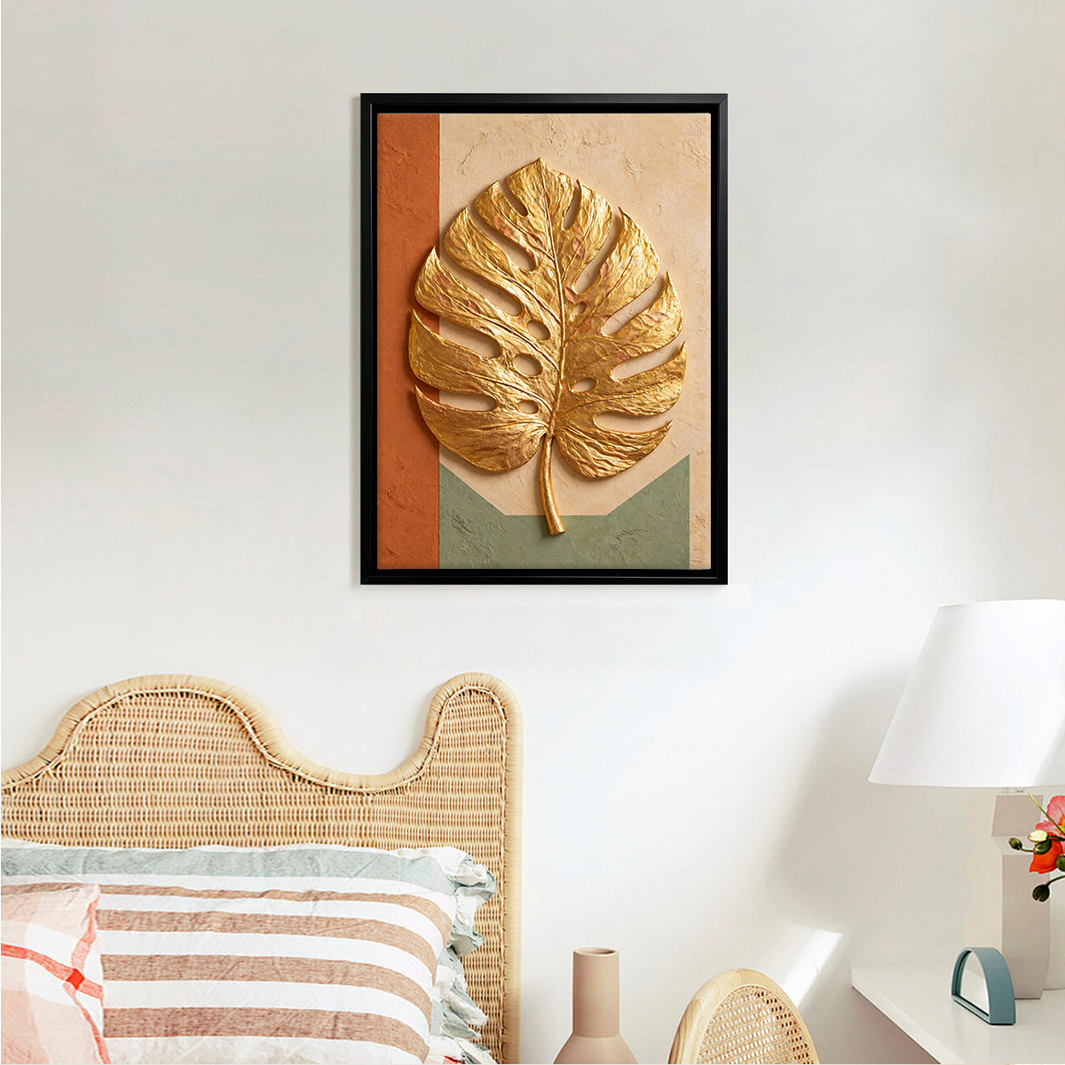Framed Golden Monstera Leaf Art Print, Modern Tropical Design, High-Quality Matte Finish, Perfect Home Decor for Living Room or Bedroom