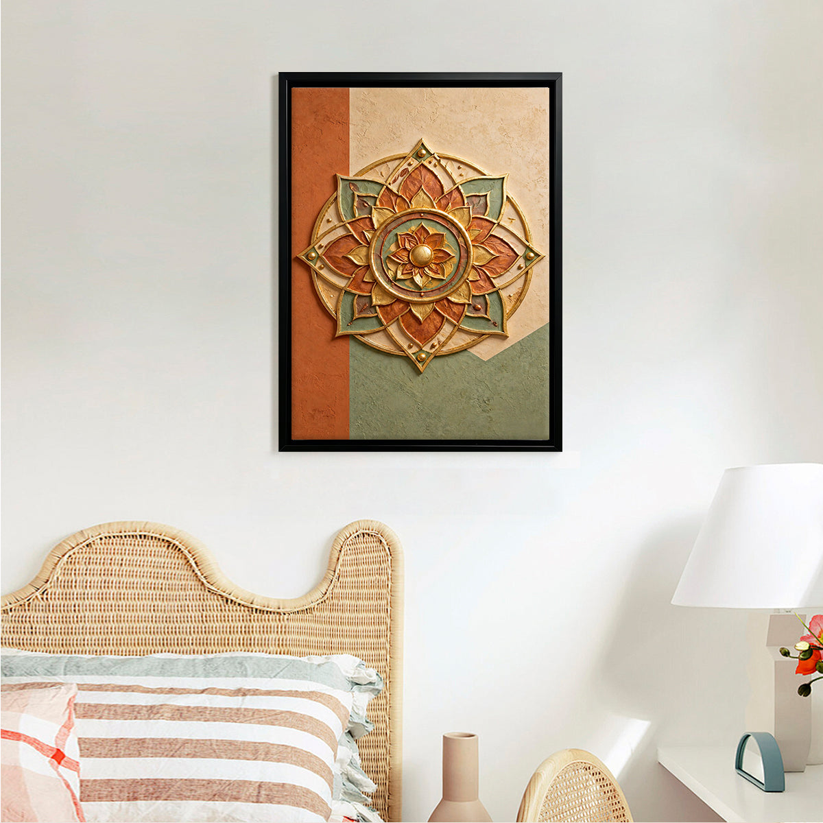 Framed Lotus Mandala Art Print, Vintage Ethnic Design, High-Quality Giclee Print, Perfect for Home Decor in California