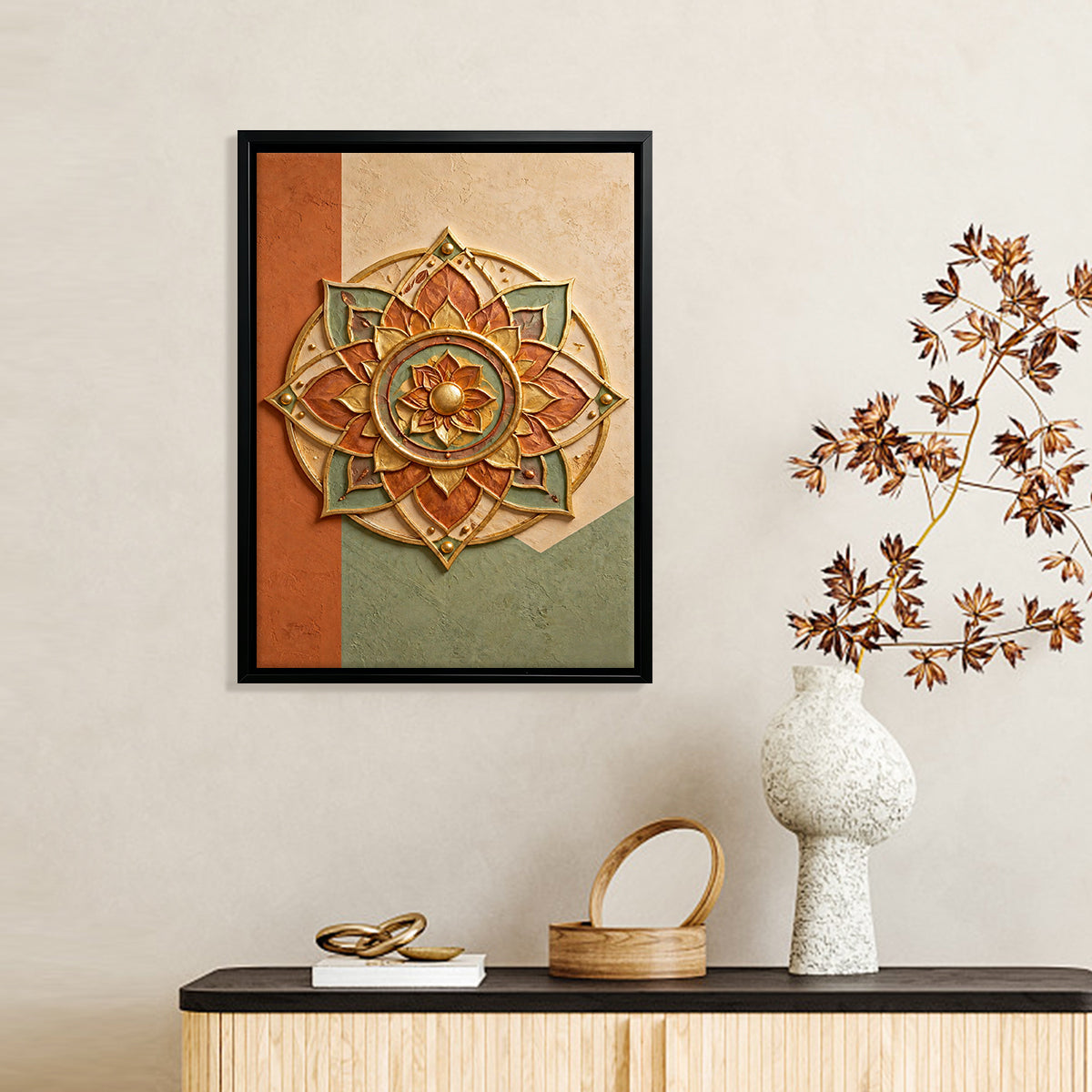 Framed Lotus Mandala Art Print, Vintage Ethnic Design, High-Quality Giclee Print, Perfect for Home Decor in California
