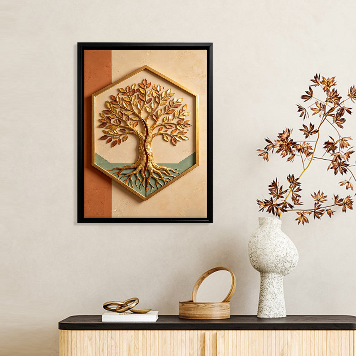Framed Tree of Life Wall Art, Gold Leaf Design, Modern Home Decor, Perfect for Living Room or Office