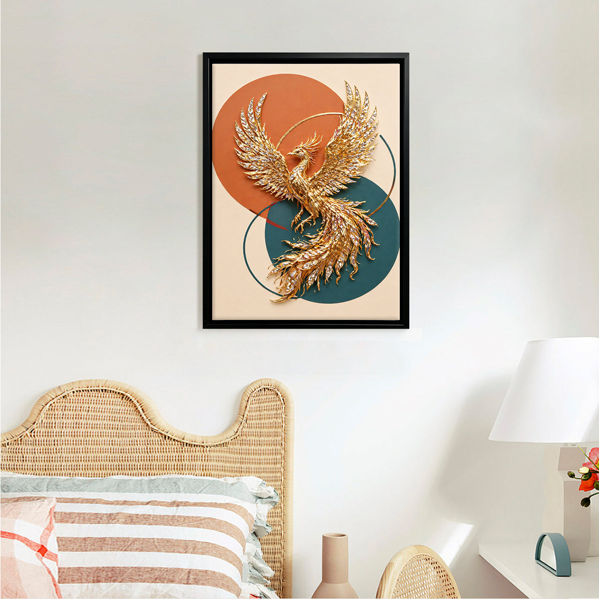 Framed Phoenix Artwork, Golden Bird Design, Modern Home Decor, Perfect for Living Room or Office, Unique Gift