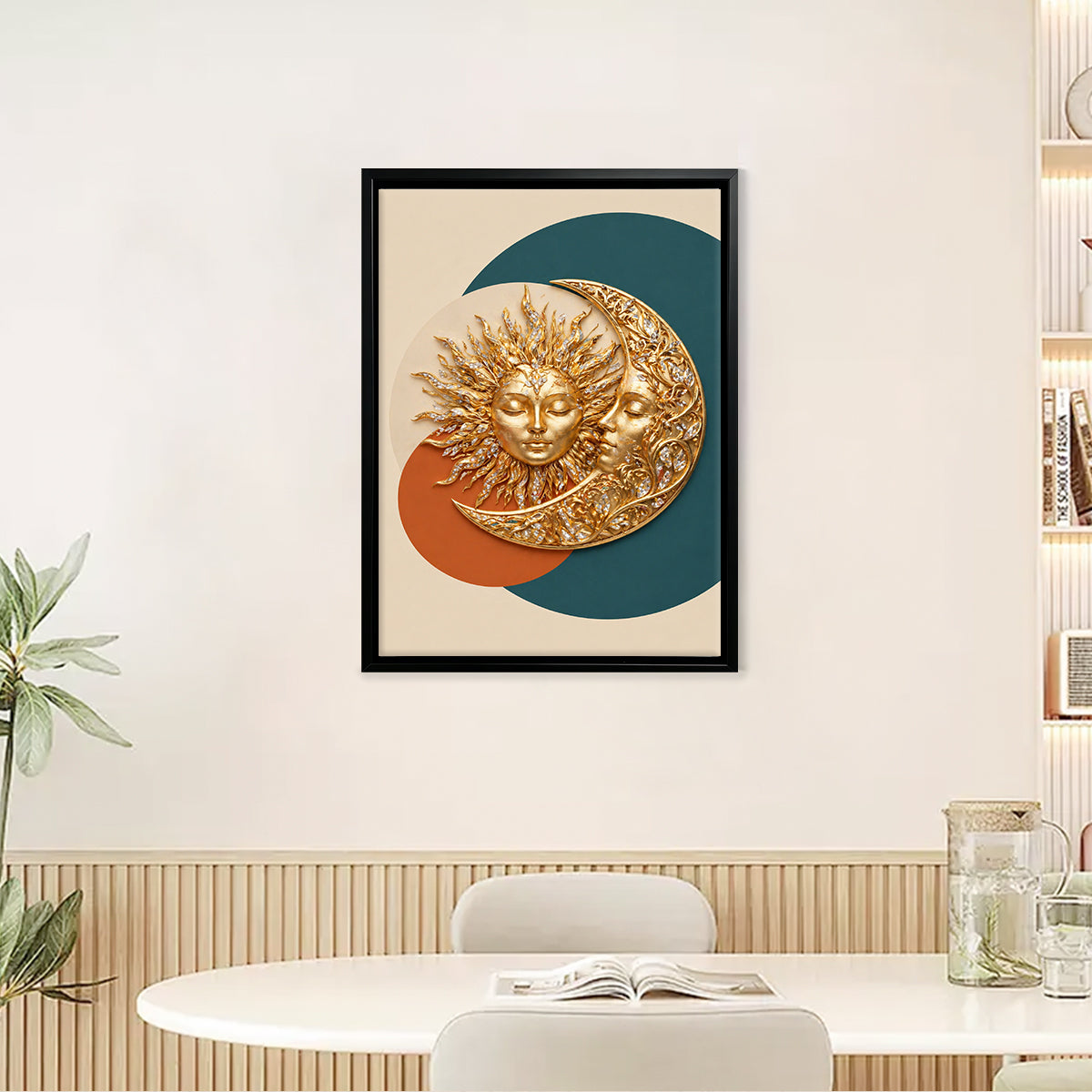 Modern Sun and Moon Wall Art Decor, Gold Finish, Abstract Design for Living Room or Bedroom