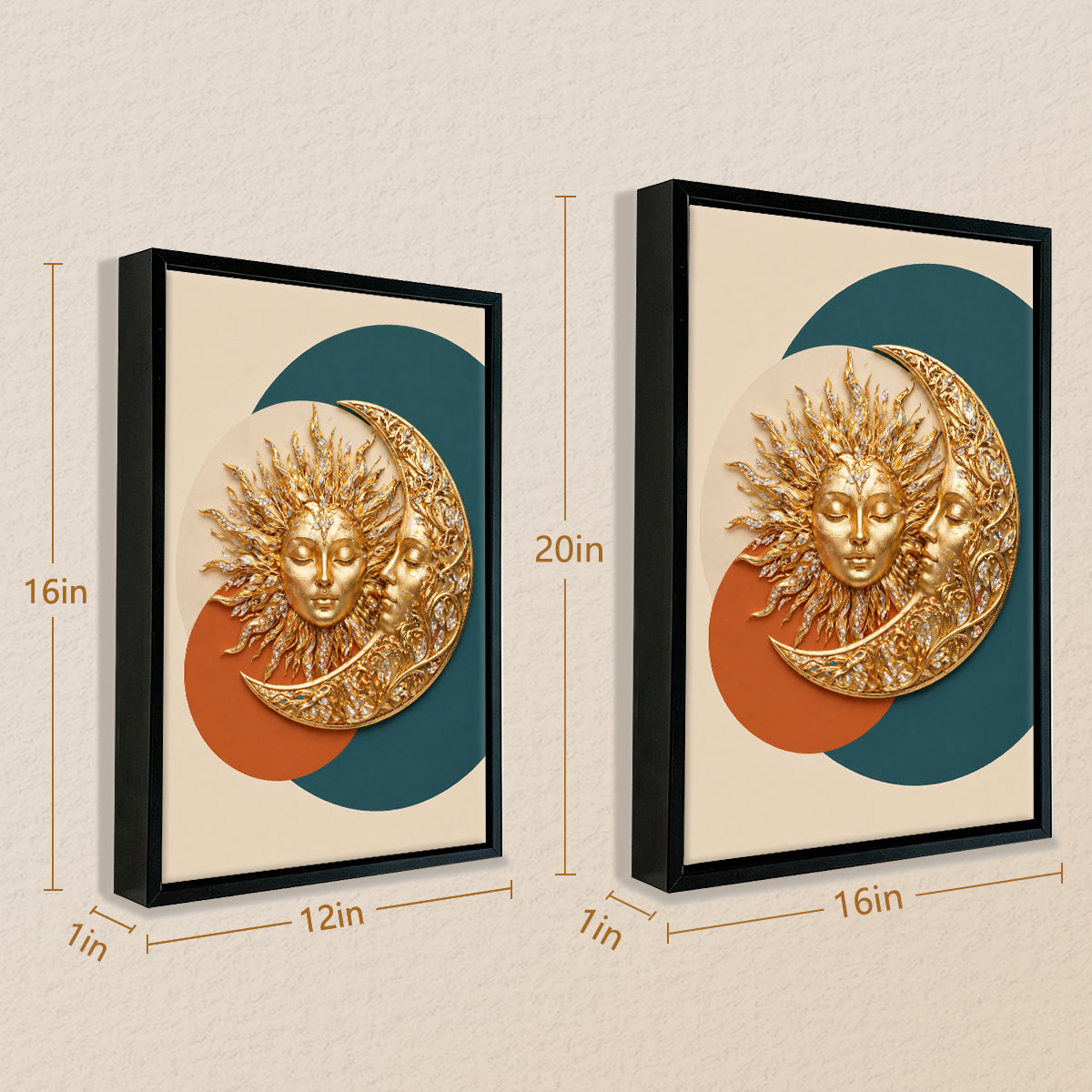 Modern Sun and Moon Wall Art Decor, Gold Finish, Abstract Design for Living Room or Bedroom