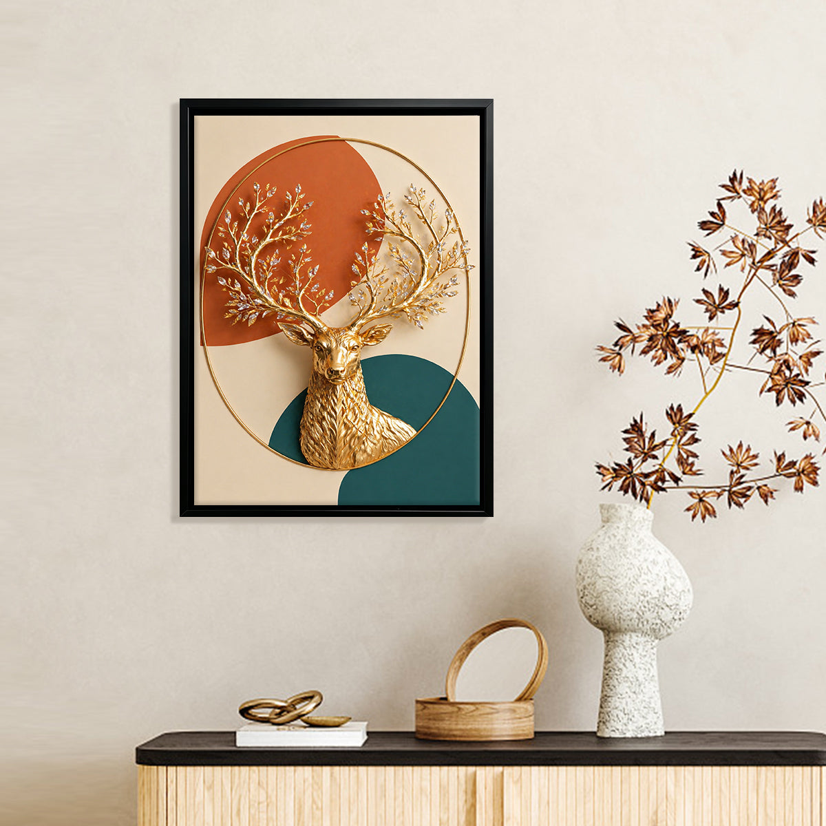 Modern Golden Deer Wall Art with Crystal Antlers, Nordic Style Decor for Living Room or Hallway