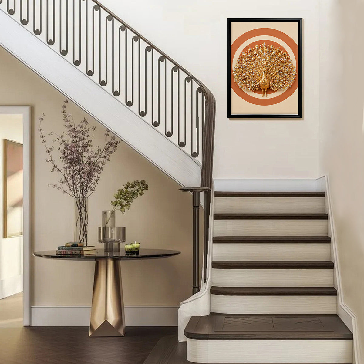 Framed Golden Peacock Wall Art, Luxury Ornate Design, Perfect for Home Decor in California