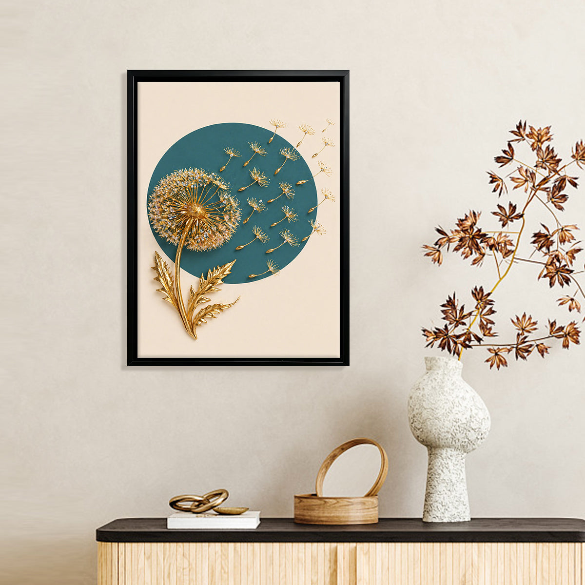Modern Dandelion Art Print with Gold Accents, Framed Wall Decor for Living Room or Bedroom