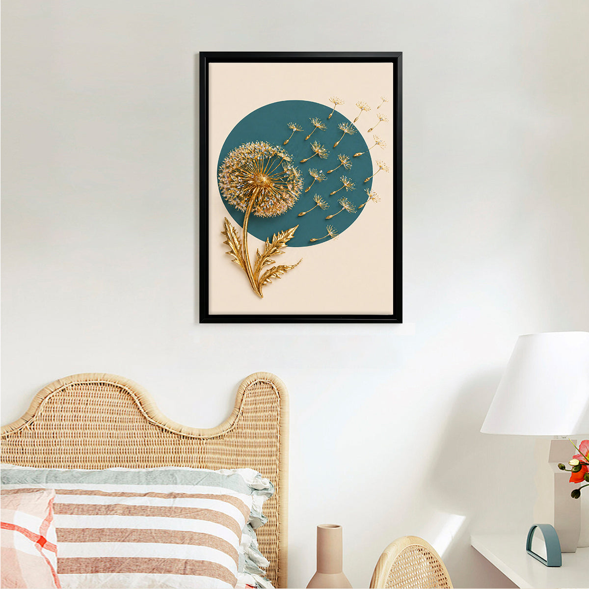 Modern Dandelion Art Print with Gold Accents, Framed Wall Decor for Living Room or Bedroom