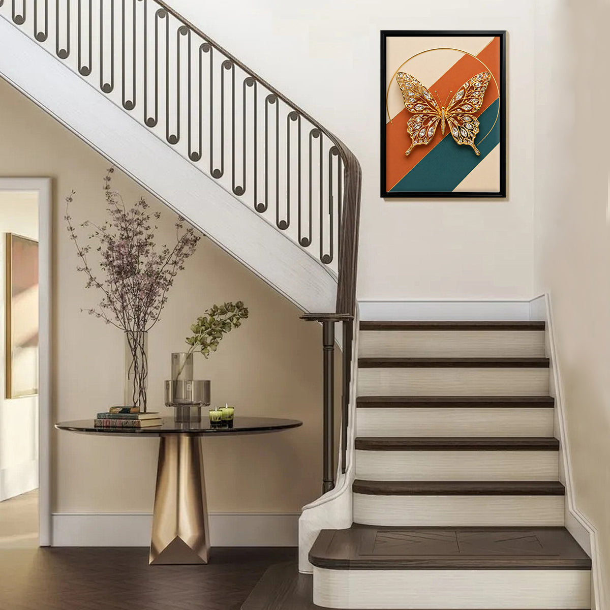 Framed Butterfly Art Print, Modern Abstract Design with Crystal Accents, Perfect Home Decor for Living Room or Bedroom