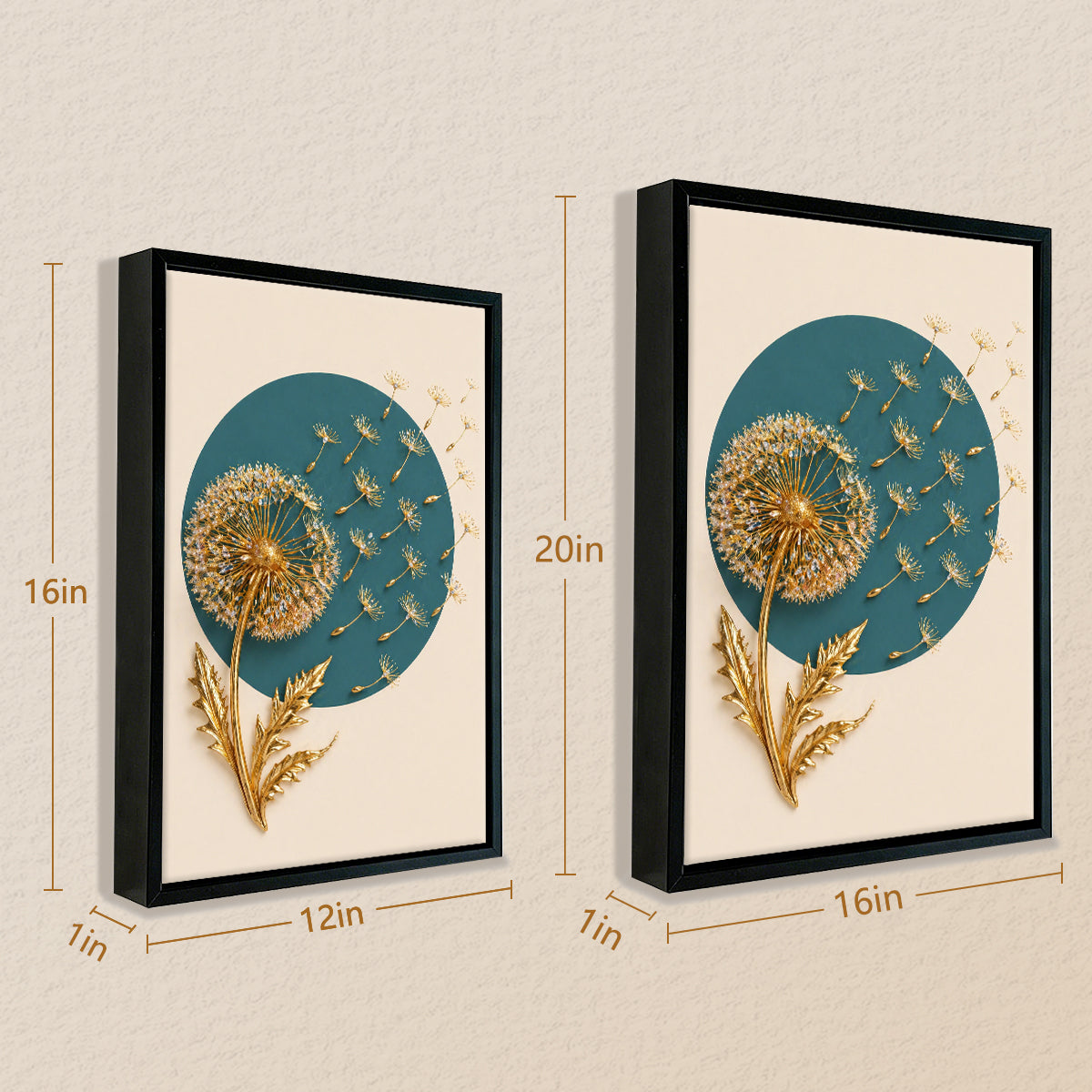 Modern Dandelion Art Print with Gold Accents, Framed Wall Decor for Living Room or Bedroom