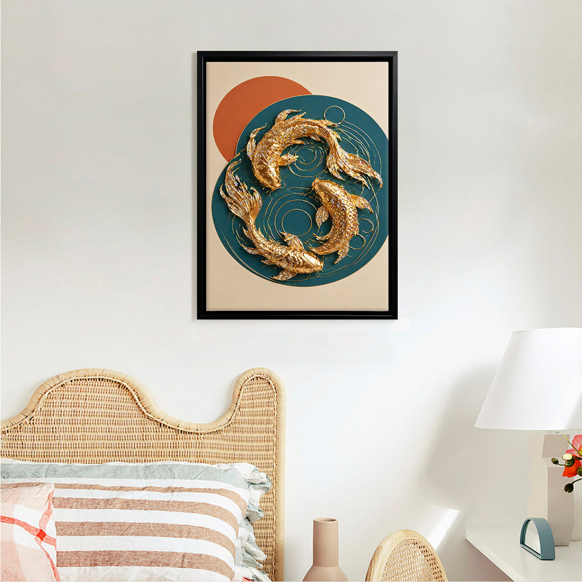 Modern Gold Fish Art Print, Abstract Design, Framed Wall Decor for Living Room or Office