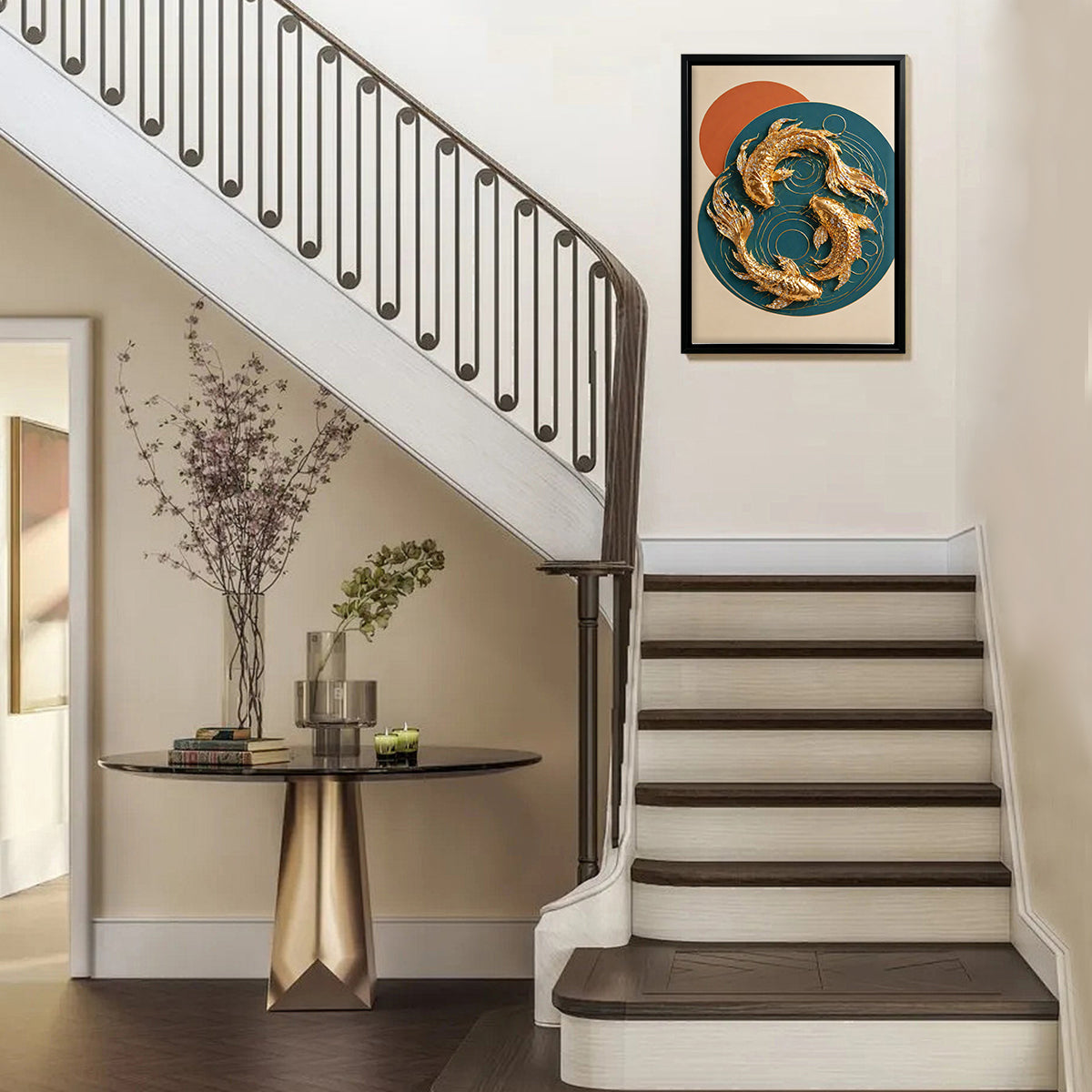 Modern Gold Fish Art Print, Abstract Design, Framed Wall Decor for Living Room or Office