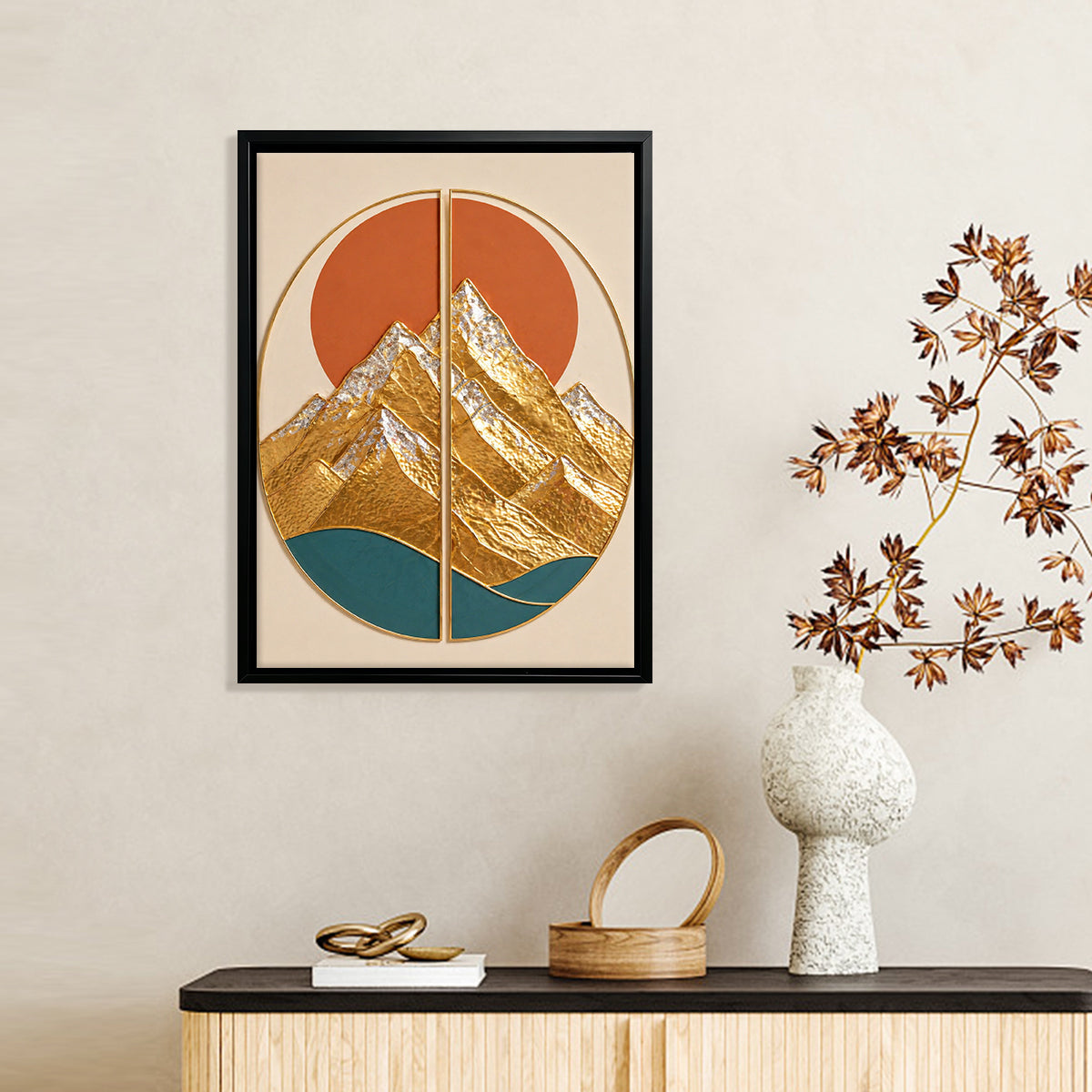 Modern Mountain Landscape Wall Art Print, Gold Foil Design, Home Decor for Living Room or Office