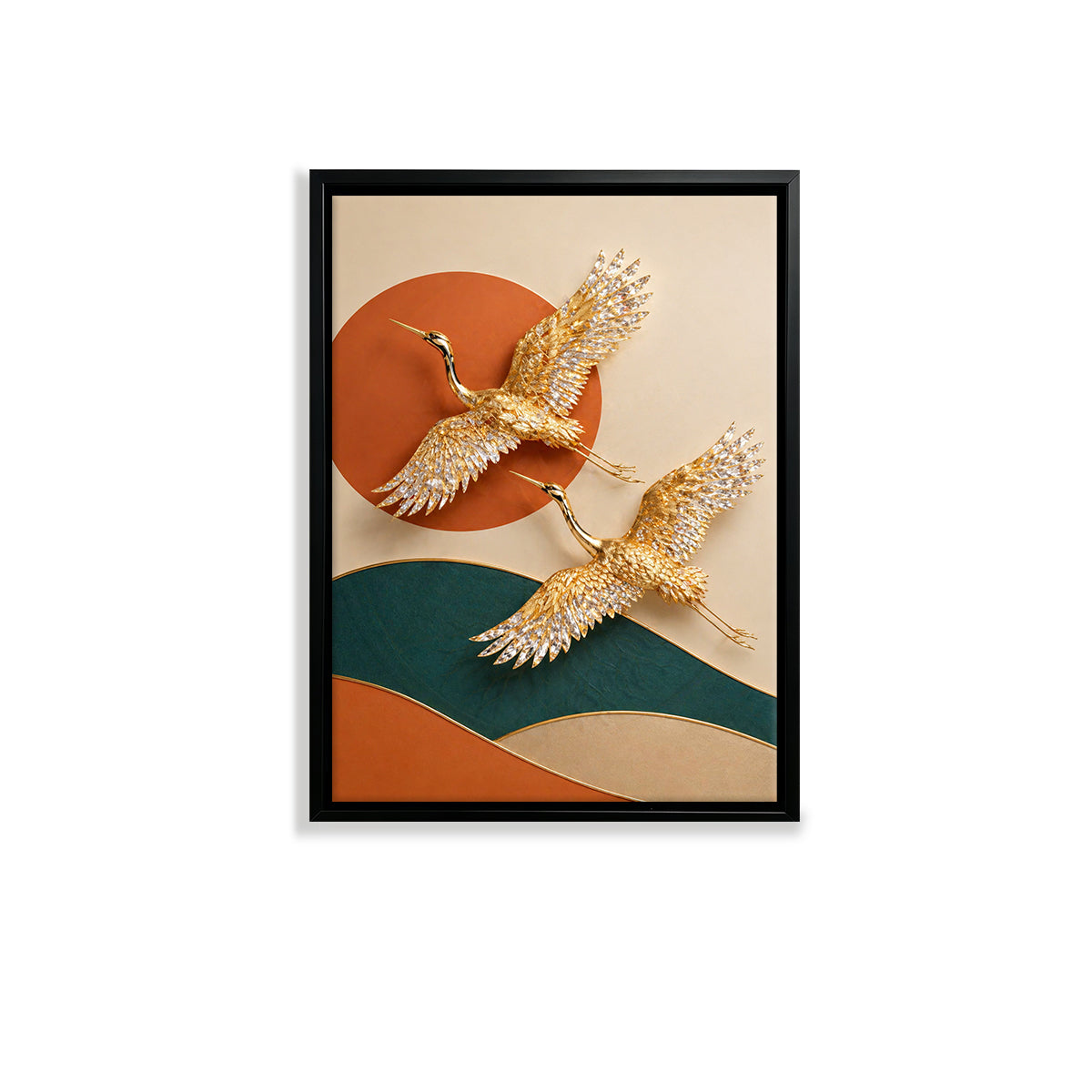 Modern Golden Crane Wall Art Print, Elegant Asian-Inspired Design, High-Quality Matte Finish, Perfect for Home Decor in Any Room