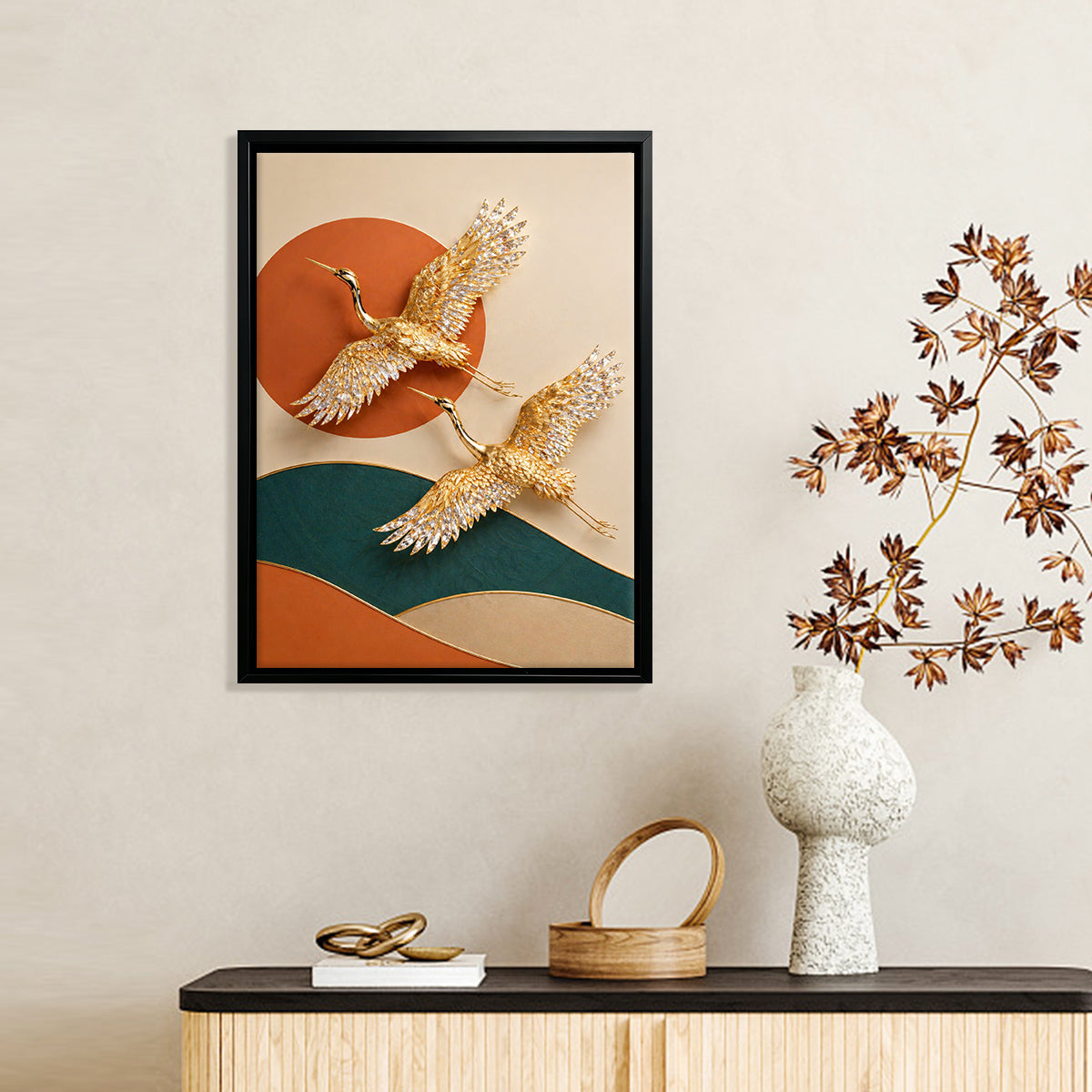 Modern Golden Crane Wall Art Print, Elegant Asian-Inspired Design, High-Quality Matte Finish, Perfect for Home Decor in Any Room
