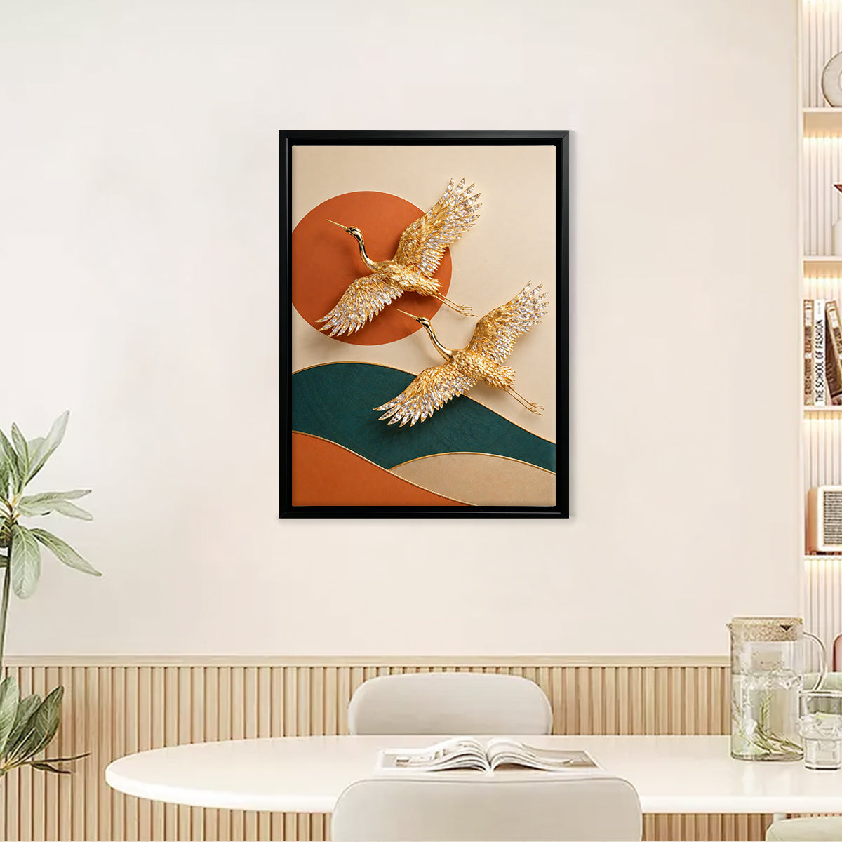 Modern Golden Crane Wall Art Print, Elegant Asian-Inspired Design, High-Quality Matte Finish, Perfect for Home Decor in Any Room
