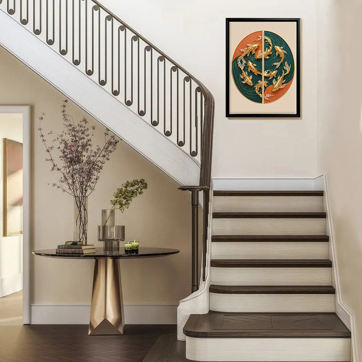 Modern Golden Fish Artwork, Circular Design, Premium Framed Painting for Home Decor, Perfect Gift