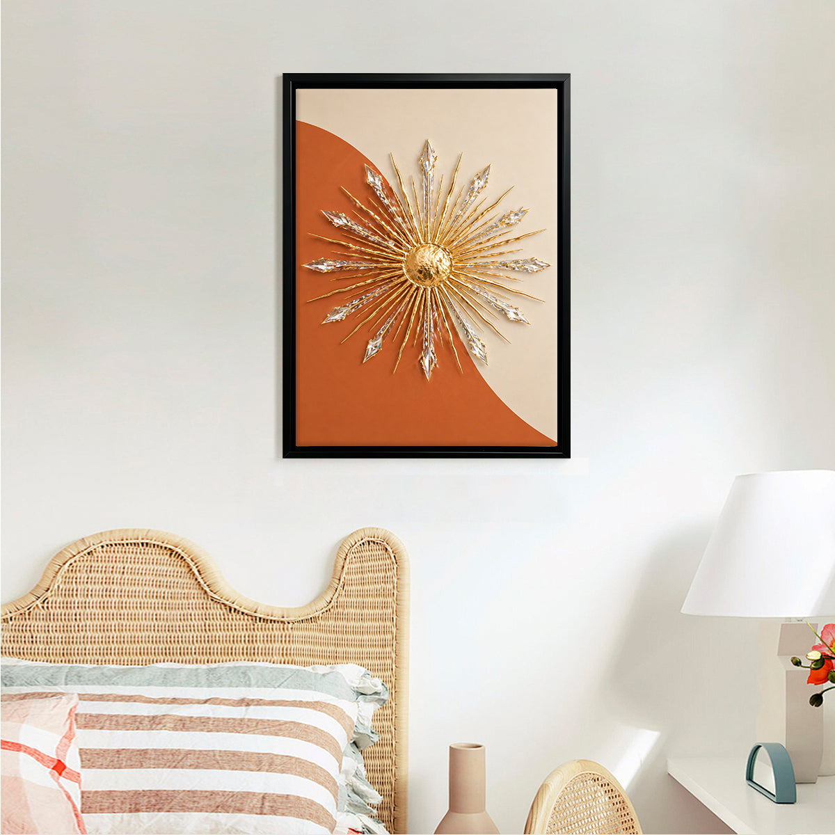 Modern Sunburst Wall Art, Gold & Crystal Accents, Framed Decor for Living Room or Office