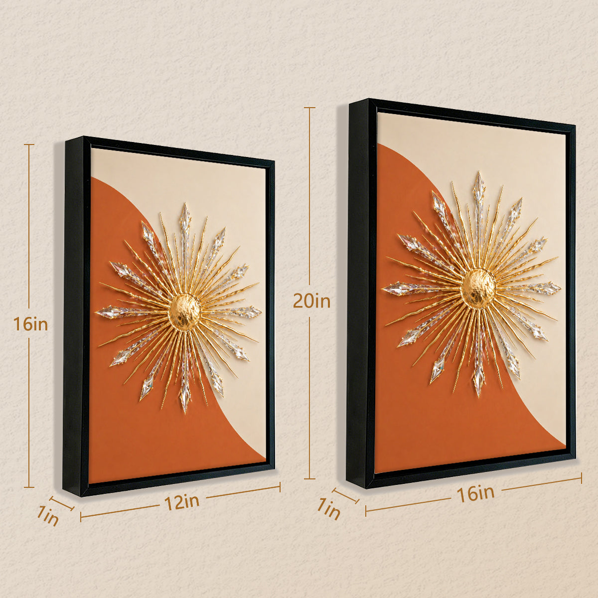 Modern Sunburst Wall Art, Gold & Crystal Accents, Framed Decor for Living Room or Office