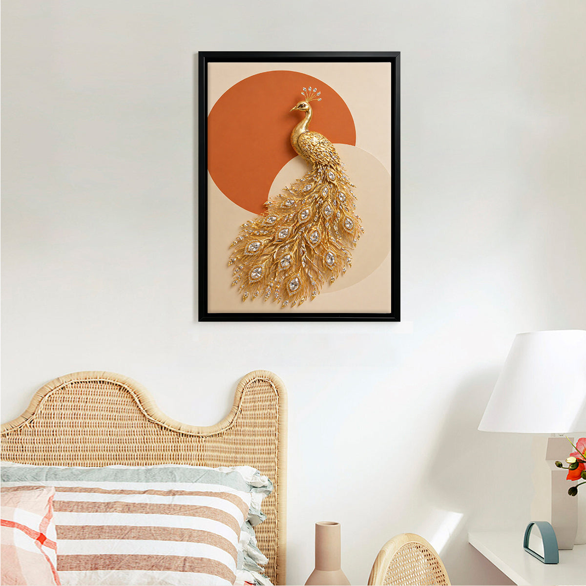 Elegant Golden Peacock Wall Art, Modern Luxury Decor with Crystal Accents, Perfect for Living Room or Office