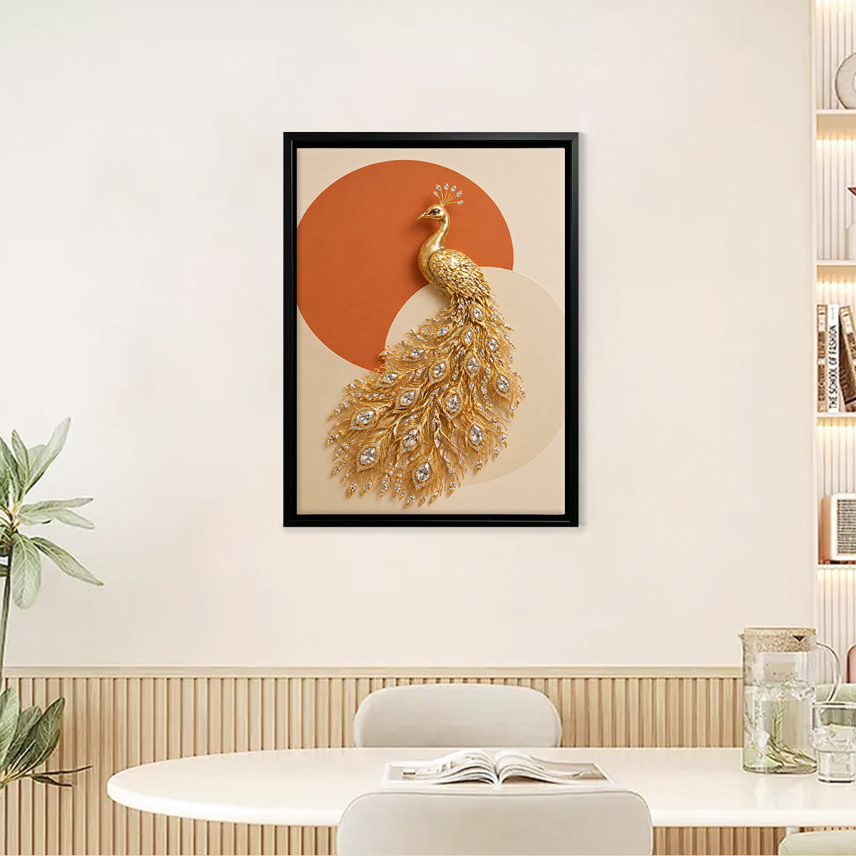 Elegant Golden Peacock Wall Art, Modern Luxury Decor with Crystal Accents, Perfect for Living Room or Office