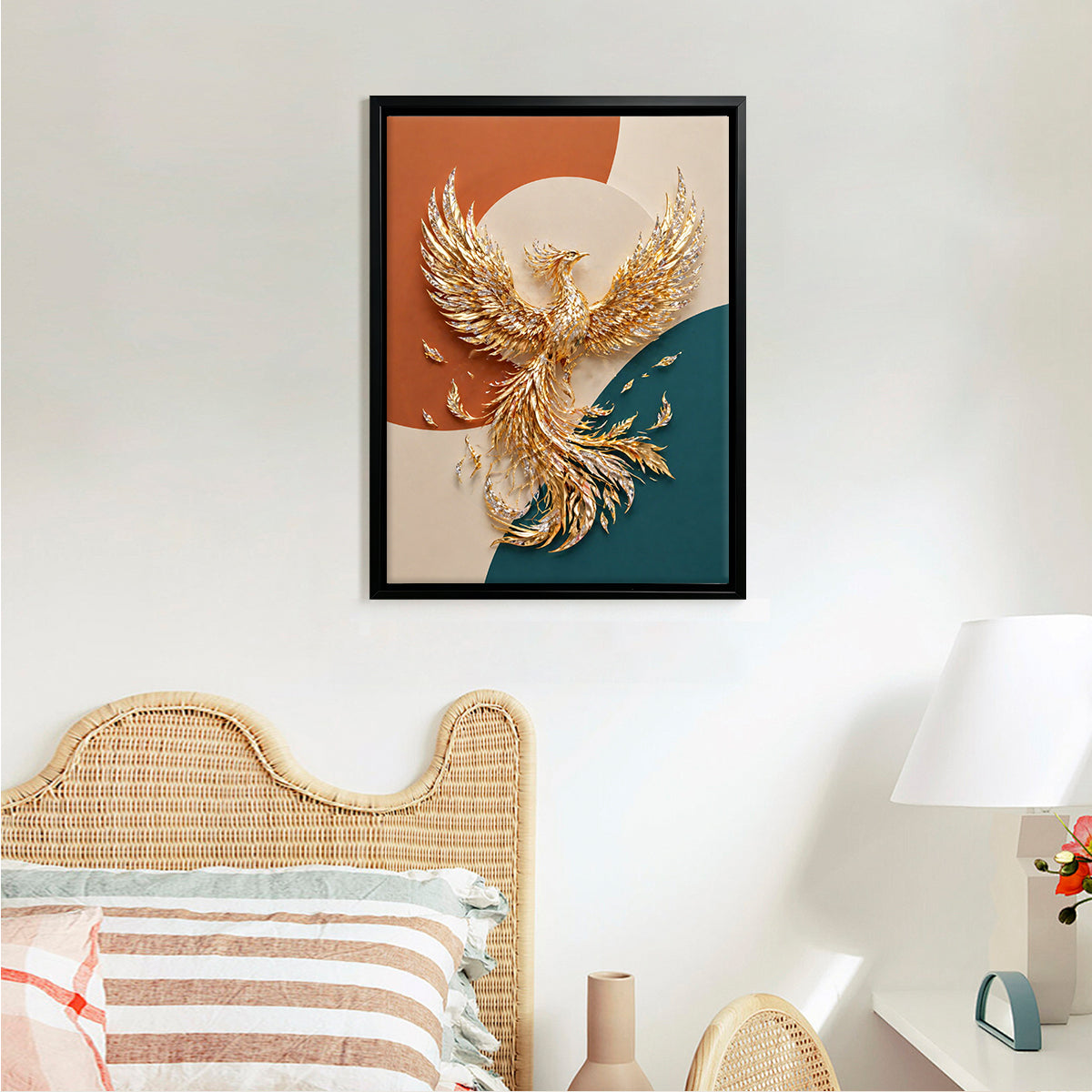 Framed Golden Phoenix Wall Art, Modern Abstract Design, High-Quality Craftsmanship, Perfect for Home Decor in New York