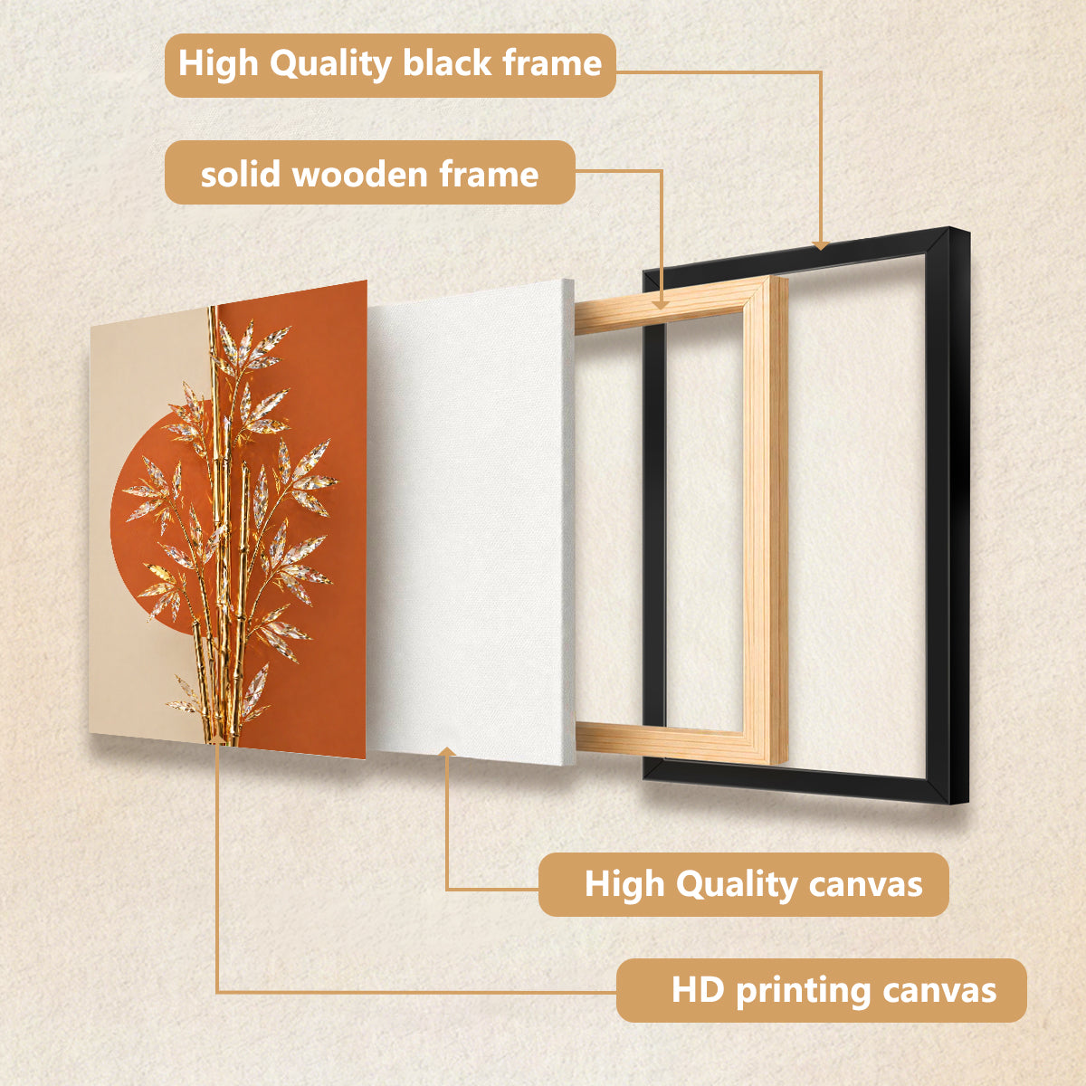 Modern Golden Bamboo Wall Art Print, Abstract Design, High-Quality Matte Finish, Perfect for Home Decor in California