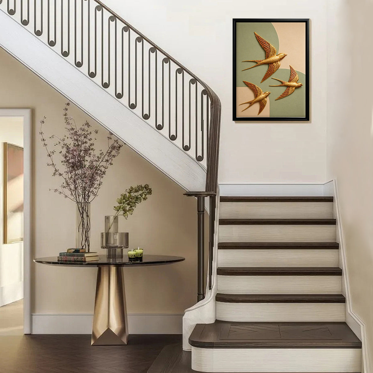 Elegant Golden Swallows Framed Wall Art, Modern Abstract Design, High-Quality Resin Craft, Perfect Home Decor for Any Room