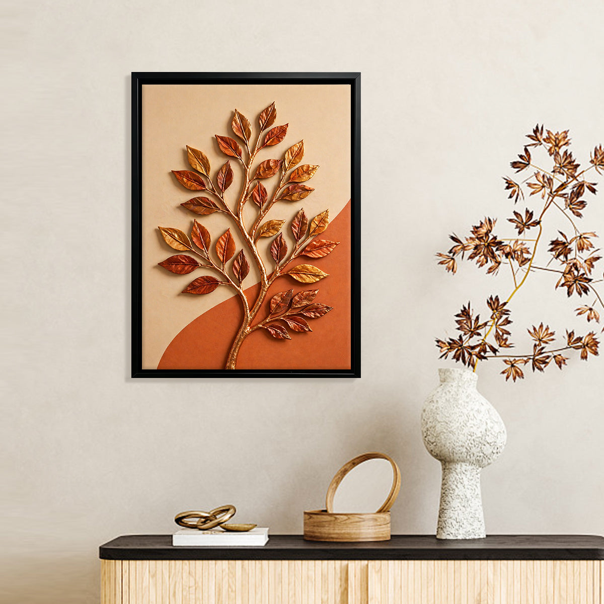 Framed Autumn Leaf Tree Wall Art, Modern Decor, Handcrafted Design, Perfect for Home or Office